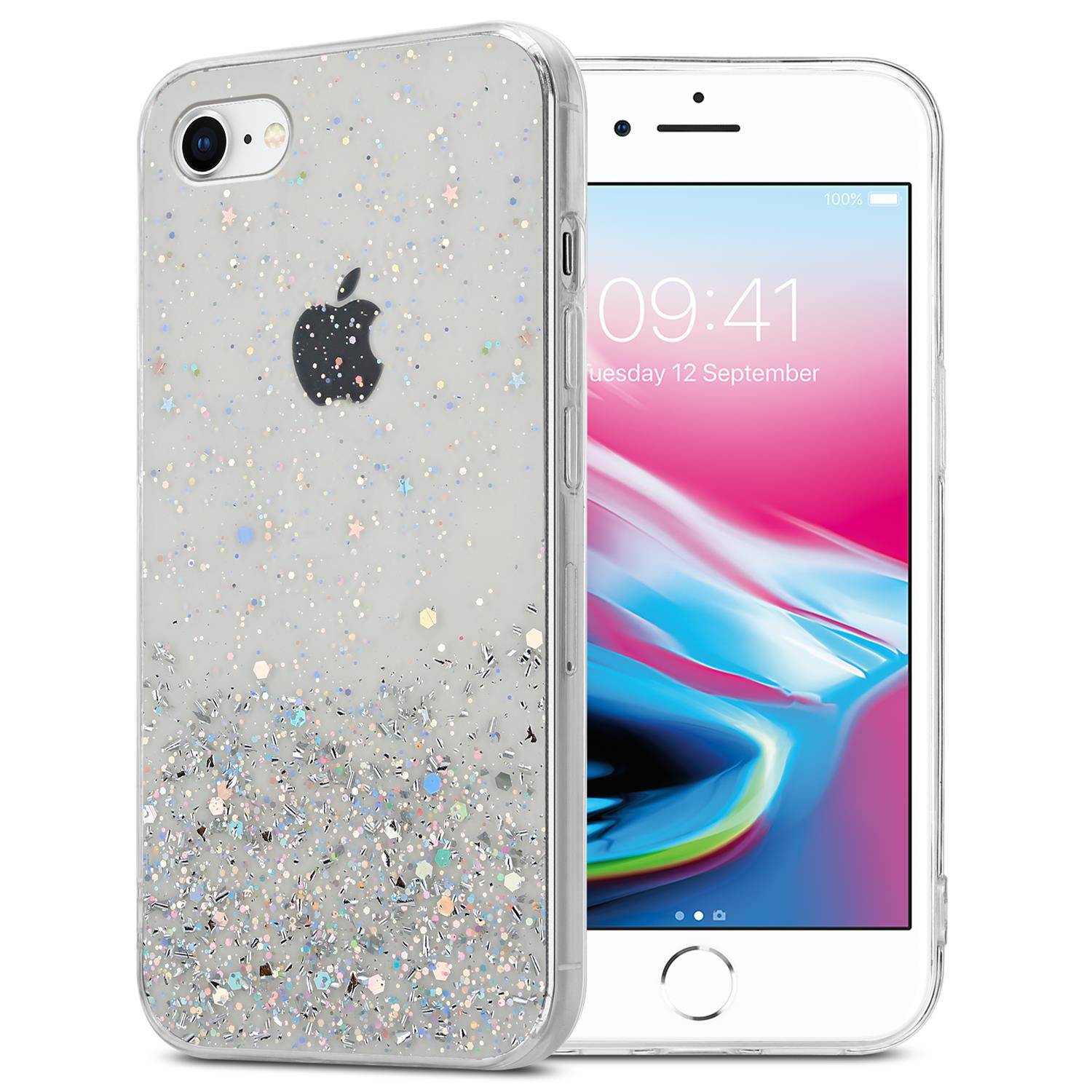 Cadorabo Hülle für Apple iPhone 7 / 7S / 8 / SE 2020 Schutz Hülle in Transparent Handyhülle TPU Etui Glitter Cover Case