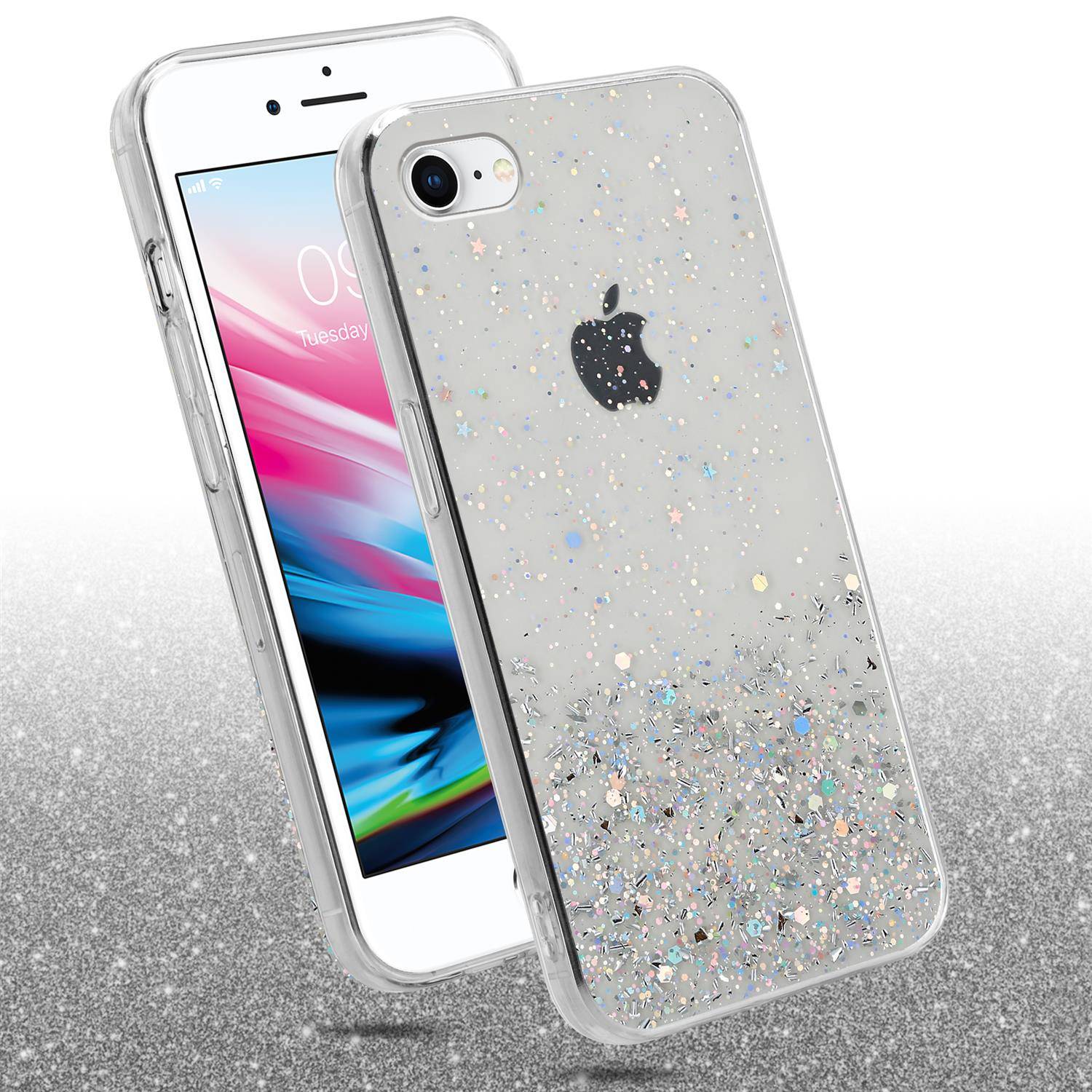 Cadorabo Hülle für Apple iPhone 7 / 7S / 8 / SE 2020 Schutz Hülle in Transparent Handyhülle TPU Etui Glitter Cover Case