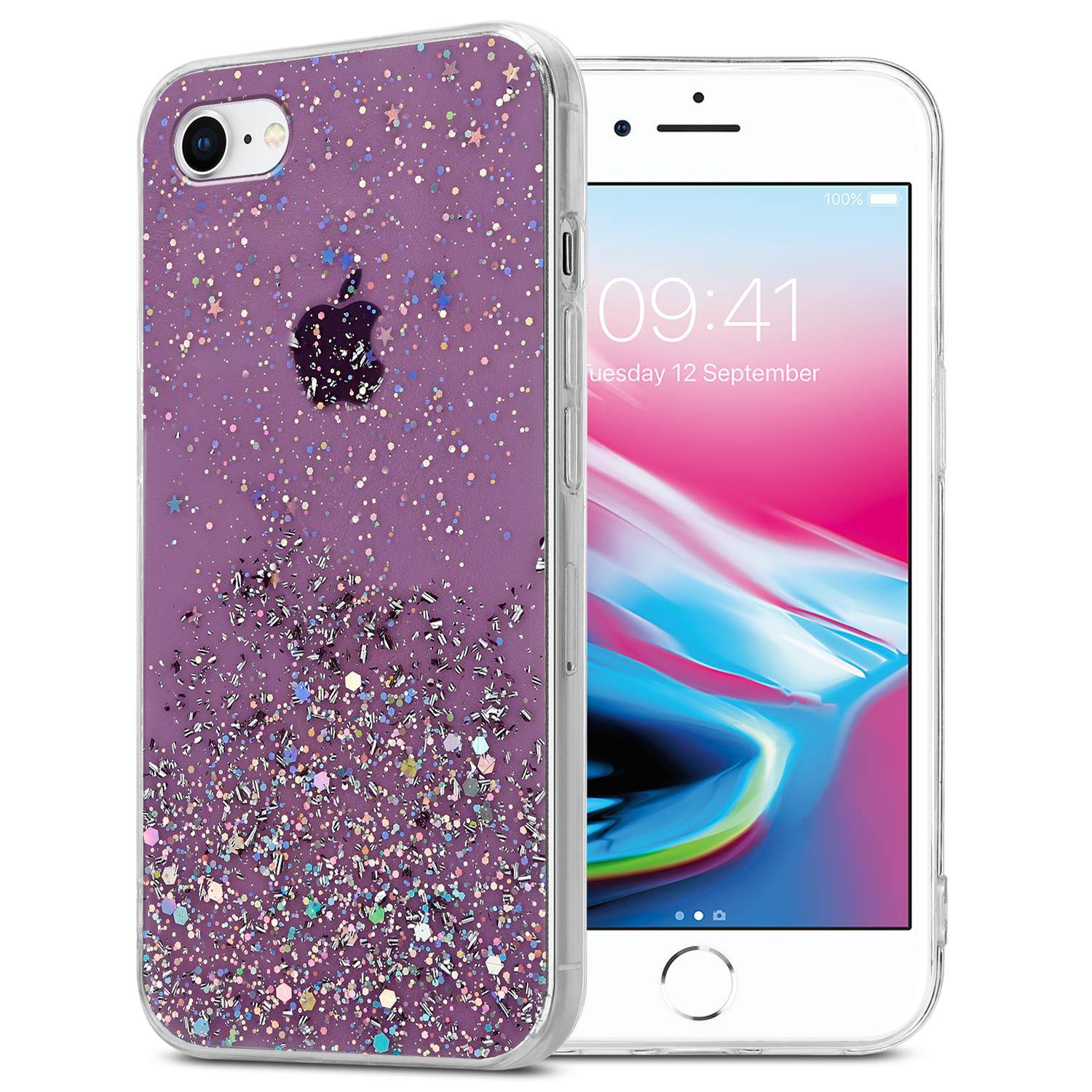 Cadorabo Hülle für Apple iPhone 7 / 7S / 8 / SE 2020 Schutz Hülle in Lila Handyhülle TPU Etui Glitter Cover Case Glitzer