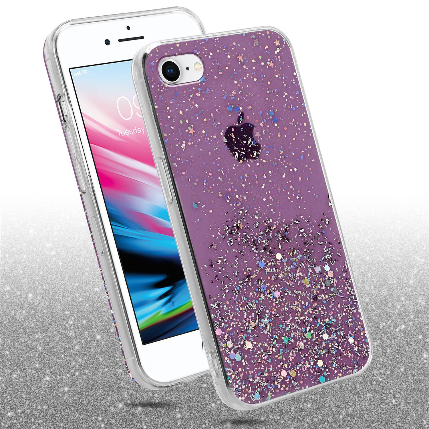 Cadorabo Hülle für Apple iPhone 7 / 7S / 8 / SE 2020 Schutz Hülle in Lila Handyhülle TPU Etui Glitter Cover Case Glitzer