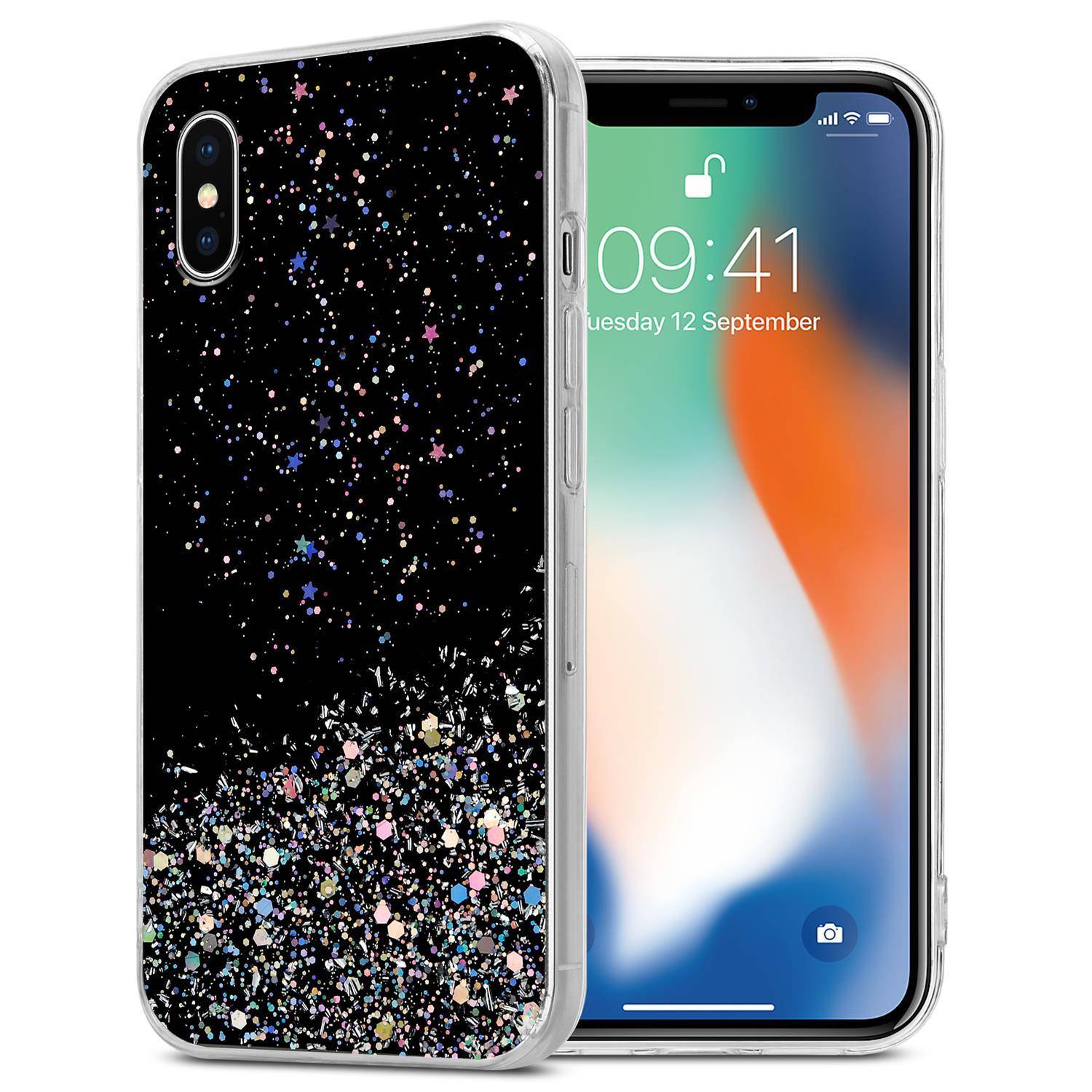 Cadorabo Hülle für Apple iPhone X / XS Schutz Hülle in Schwarz Handyhülle TPU Etui Glitter Cover Case Glitzer