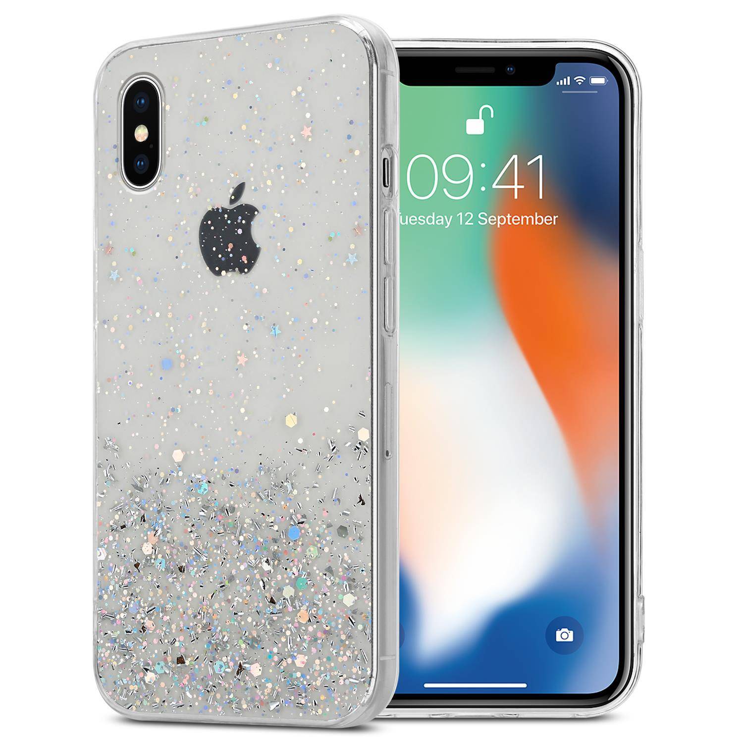 Cadorabo Hülle für Apple iPhone X / XS Schutz Hülle in Transparent Handyhülle TPU Etui Glitter Cover Case Glitzer