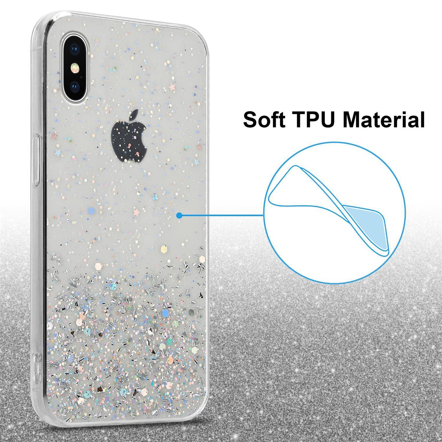 Cadorabo Hülle für Apple iPhone X / XS Schutz Hülle in Transparent Handyhülle TPU Etui Glitter Cover Case Glitzer