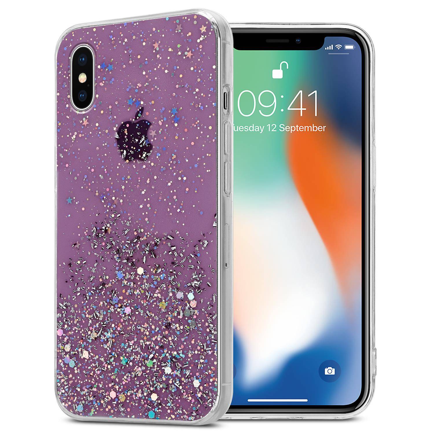 Cadorabo Hülle für Apple iPhone X / XS Schutz Hülle in Lila Handyhülle TPU Etui Glitter Cover Case Glitzer