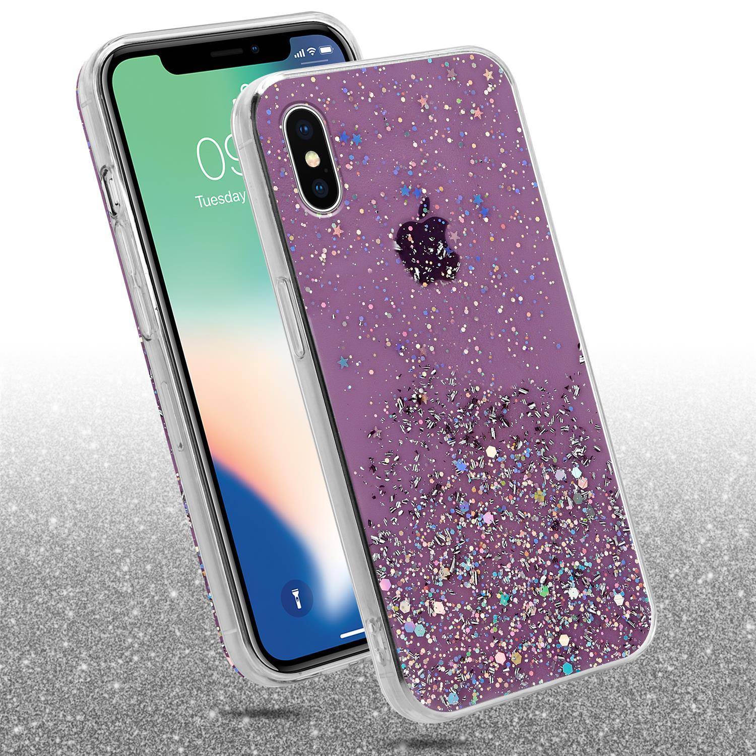Cadorabo Hülle für Apple iPhone X / XS Schutz Hülle in Lila Handyhülle TPU Etui Glitter Cover Case Glitzer