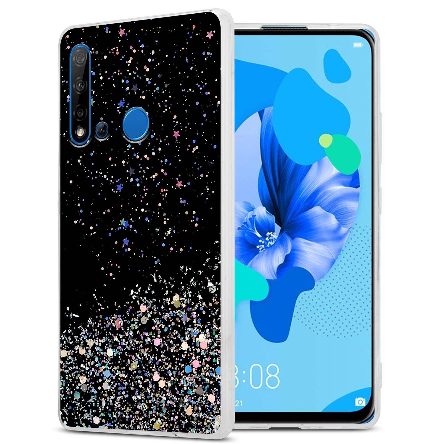 Cadorabo Hülle für Huawei NOVA 5i / P20 LITE 2019 Schutz Hülle in Schwarz Handyhülle TPU Etui Glitter Cover Case Glitzer