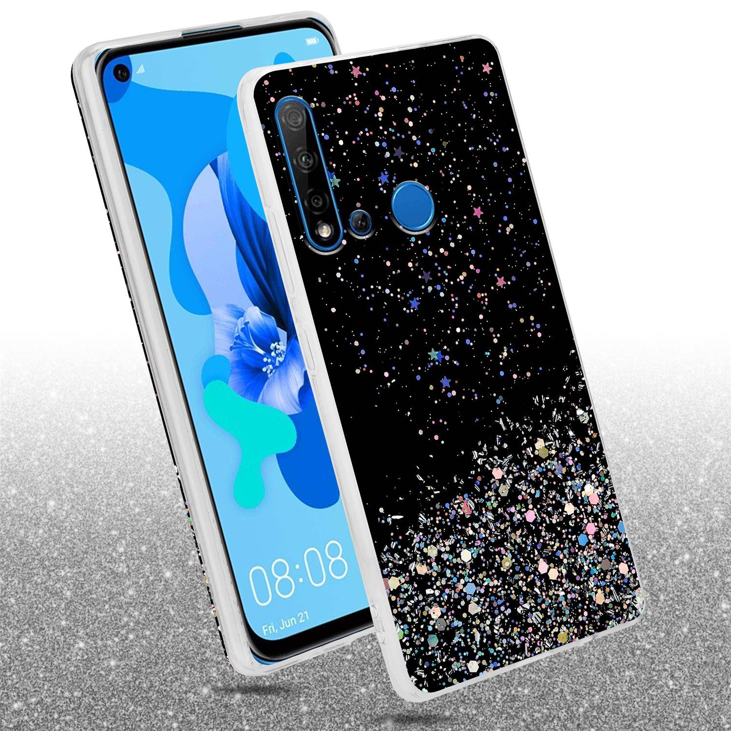 Cadorabo Hülle für Huawei NOVA 5i / P20 LITE 2019 Schutz Hülle in Schwarz Handyhülle TPU Etui Glitter Cover Case Glitzer