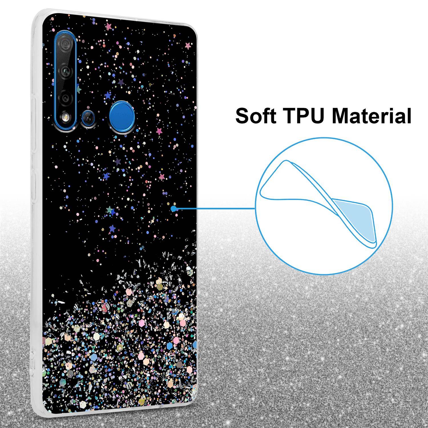 Cadorabo Hülle für Huawei NOVA 5i / P20 LITE 2019 Schutz Hülle in Schwarz Handyhülle TPU Etui Glitter Cover Case Glitzer
