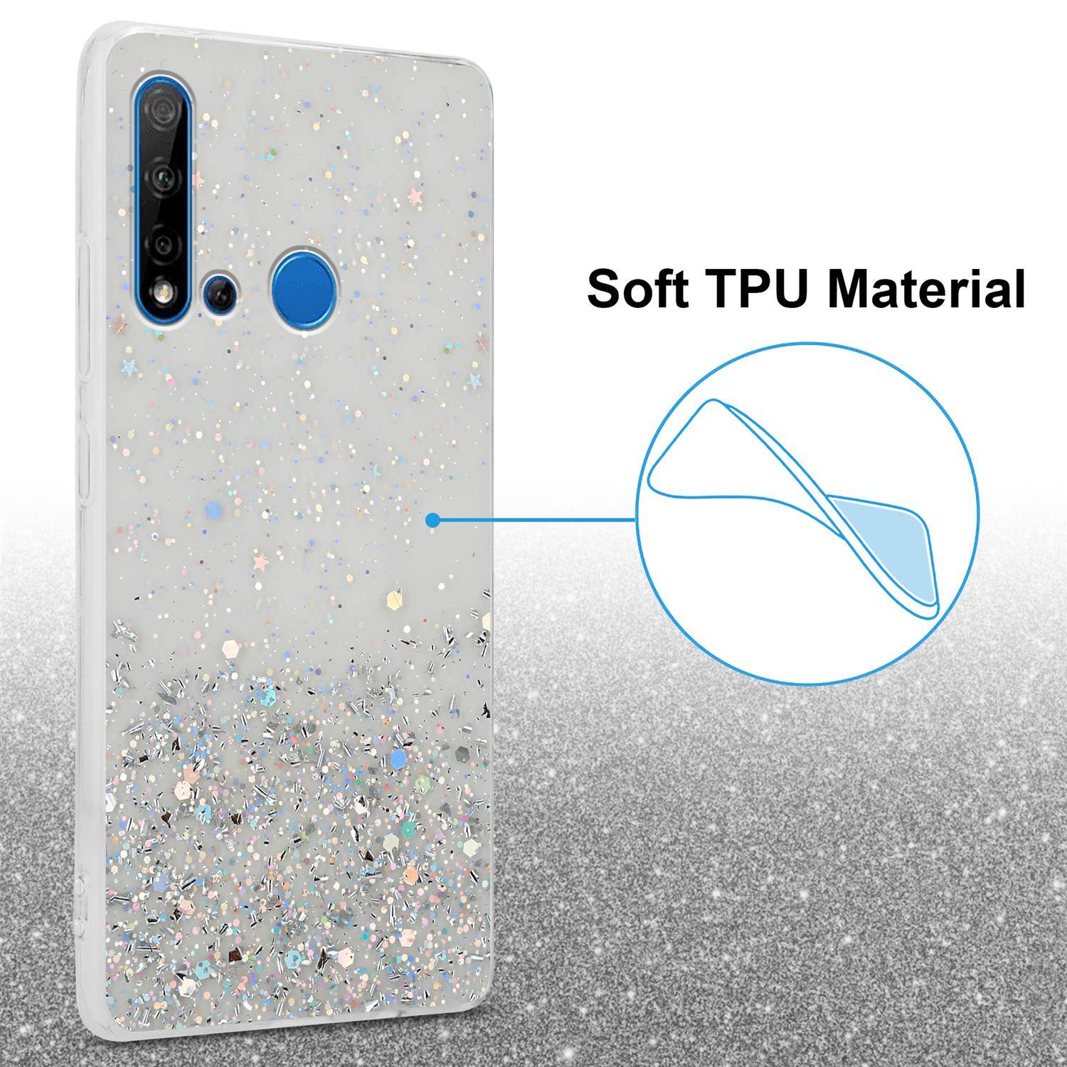 Cadorabo Hülle für Huawei NOVA 5i / P20 LITE 2019 Schutz Hülle in Transparent Handyhülle TPU Etui Glitter Cover Case
