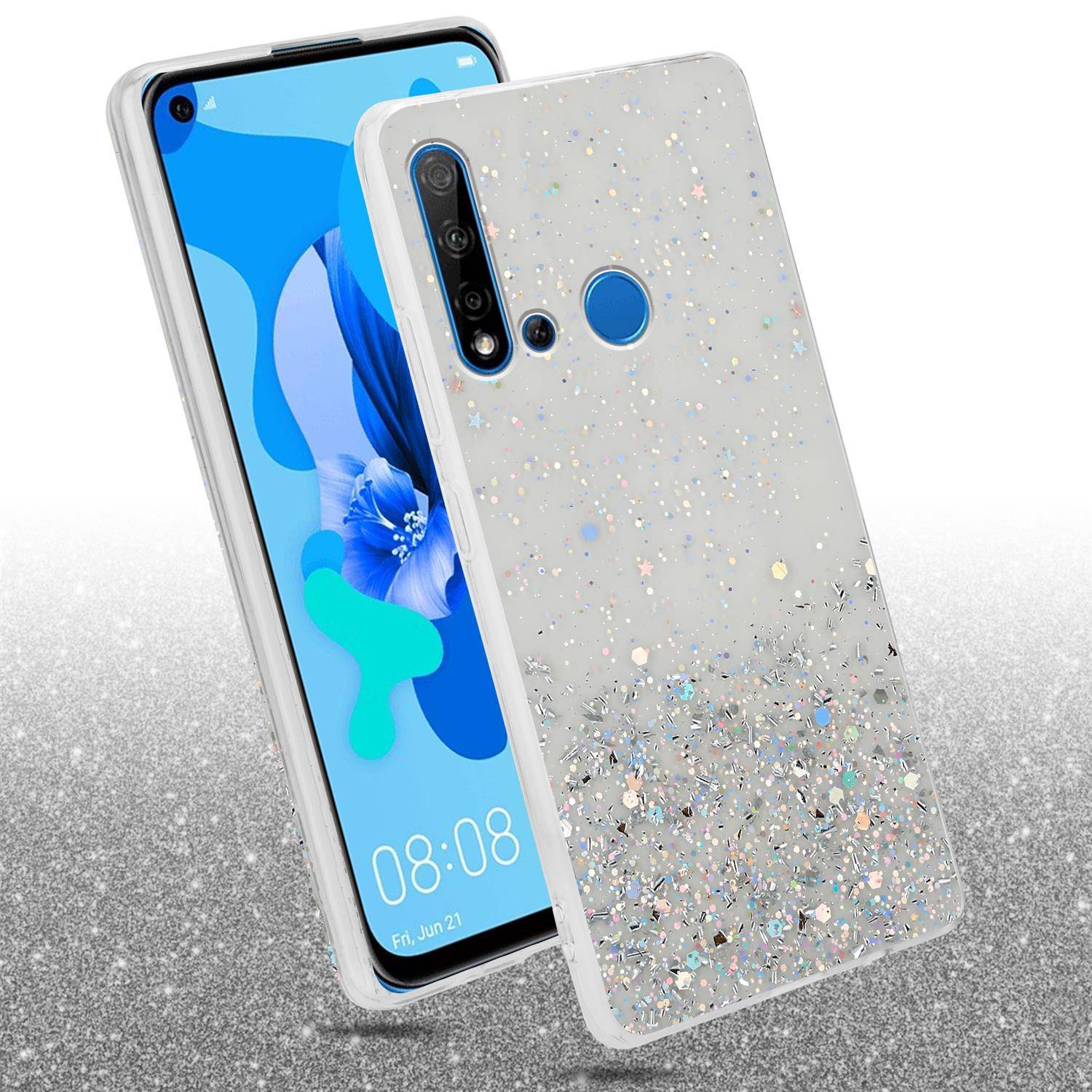 Cadorabo Hülle für Huawei NOVA 5i / P20 LITE 2019 Schutz Hülle in Transparent Handyhülle TPU Etui Glitter Cover Case