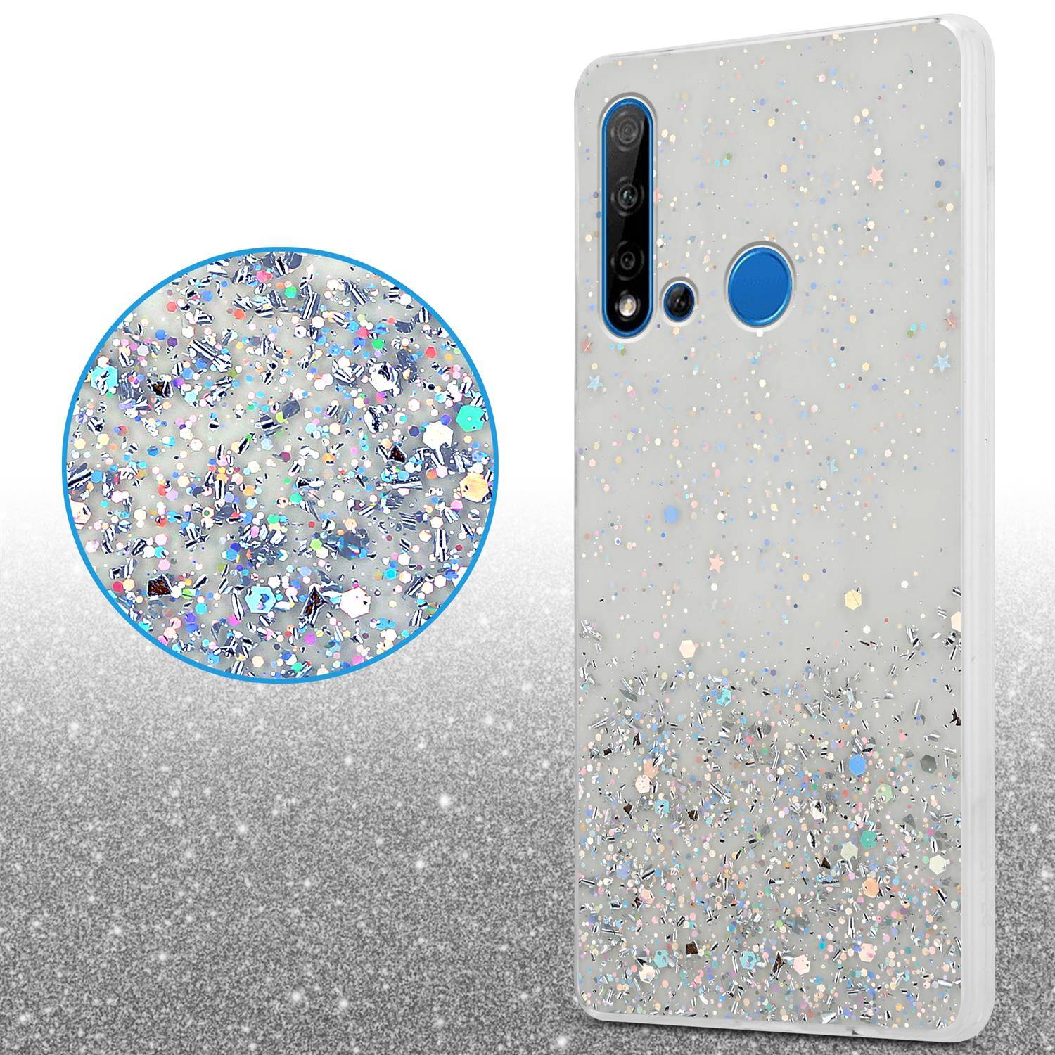 Cadorabo Hülle für Huawei NOVA 5i / P20 LITE 2019 Schutz Hülle in Transparent Handyhülle TPU Etui Glitter Cover Case