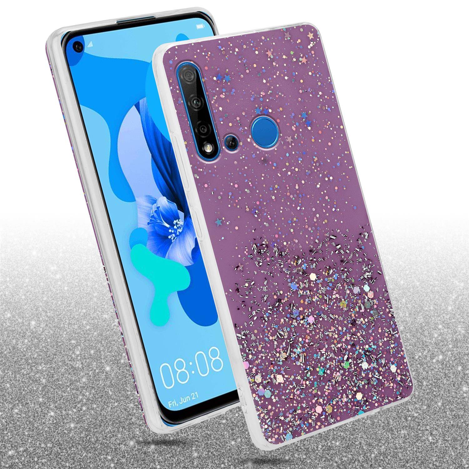 Cadorabo Hülle für Huawei NOVA 5i / P20 LITE 2019 Schutz Hülle in Lila Handyhülle TPU Etui Glitter Cover Case Glitzer