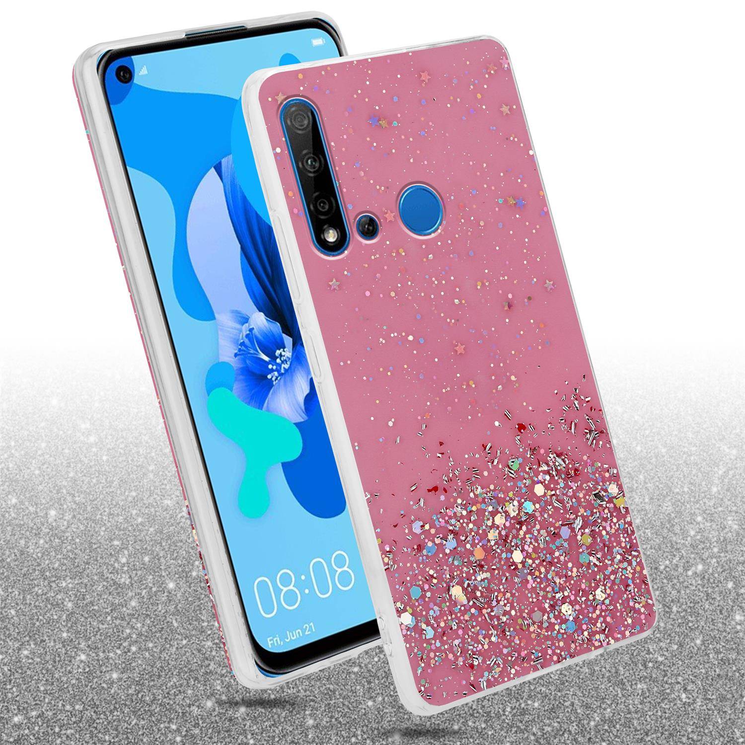 Cadorabo Hülle für Huawei NOVA 5i / P20 LITE 2019 Schutz Hülle in Rosa Handyhülle TPU Etui Glitter Cover Case Glitzer