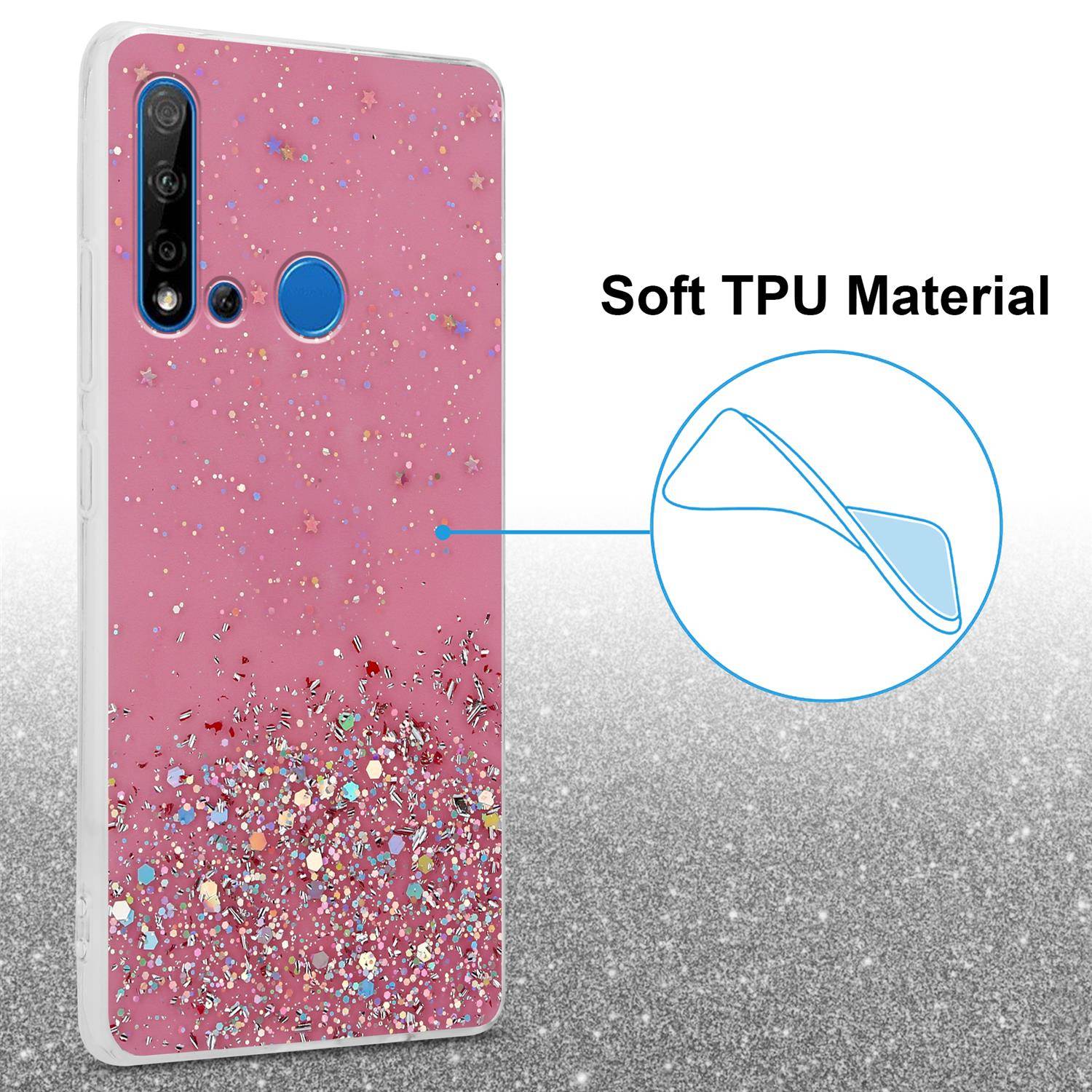 Cadorabo Hülle für Huawei NOVA 5i / P20 LITE 2019 Schutz Hülle in Rosa Handyhülle TPU Etui Glitter Cover Case Glitzer