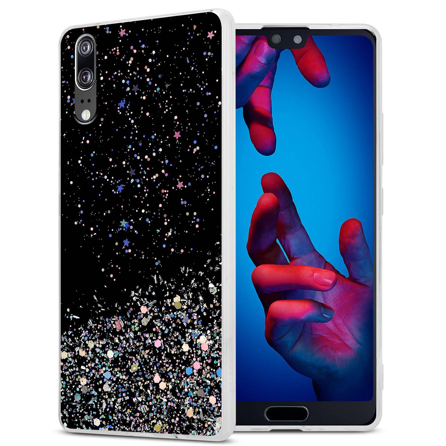 Cadorabo Hülle für Huawei P20 Schutz Hülle in Schwarz Handyhülle TPU Etui Glitter Cover Case Glitzer