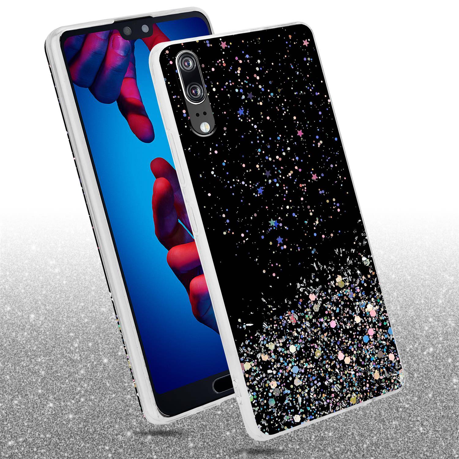 Cadorabo Hülle für Huawei P20 Schutz Hülle in Schwarz Handyhülle TPU Etui Glitter Cover Case Glitzer