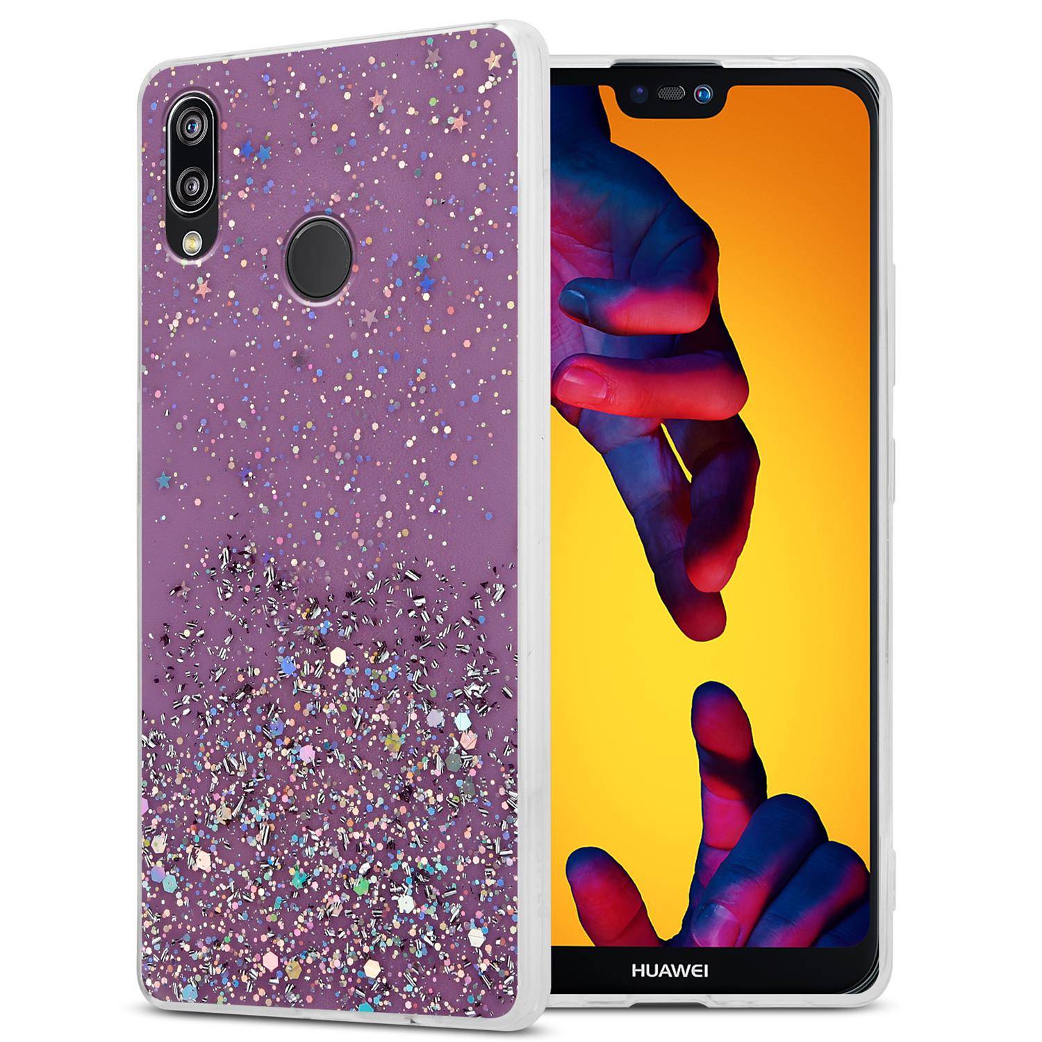 Cadorabo Hülle für Huawei P20 LITE 2018 / NOVA 3E Schutz Hülle in Lila Handyhülle TPU Etui Glitter Cover Case Glitzer