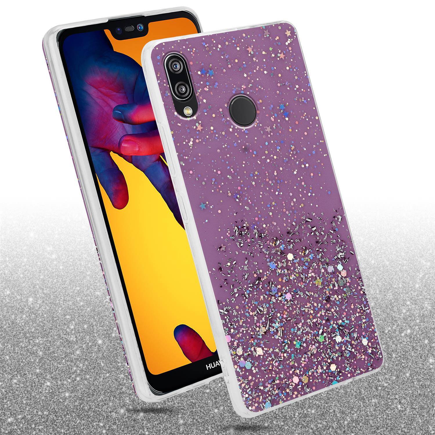 Cadorabo Hülle für Huawei P20 LITE 2018 / NOVA 3E Schutz Hülle in Lila Handyhülle TPU Etui Glitter Cover Case Glitzer