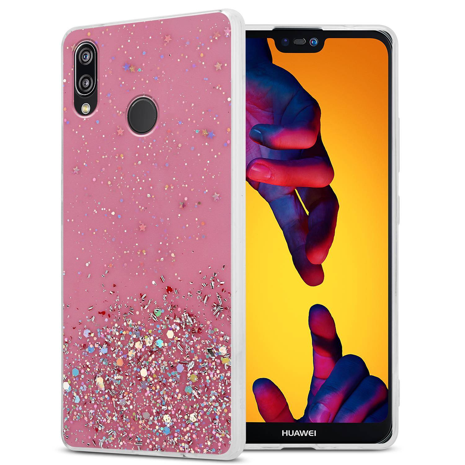 Cadorabo Hülle für Huawei P20 LITE 2018 / NOVA 3E Schutz Hülle in Rosa Handyhülle TPU Etui Glitter Cover Case Glitzer