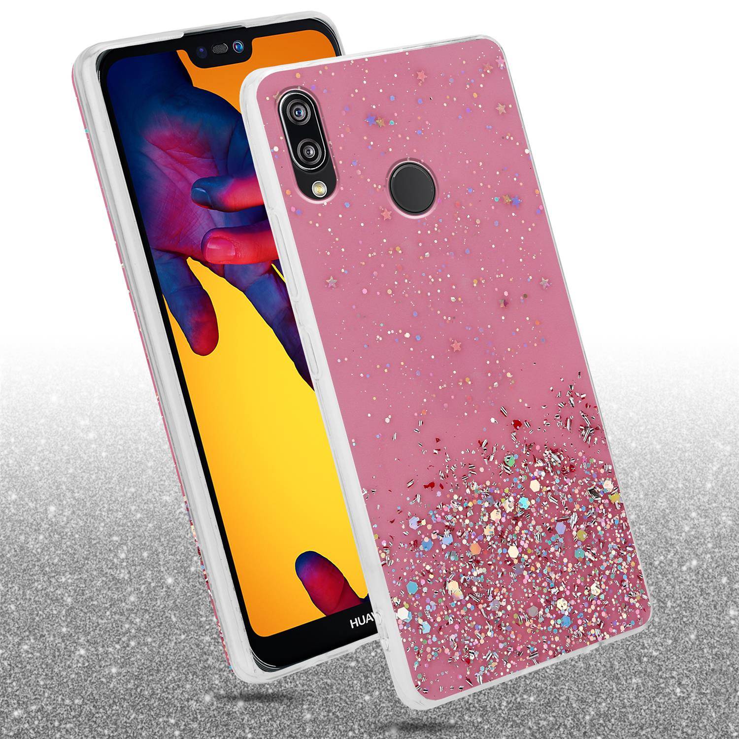 Cadorabo Hülle für Huawei P20 LITE 2018 / NOVA 3E Schutz Hülle in Rosa Handyhülle TPU Etui Glitter Cover Case Glitzer