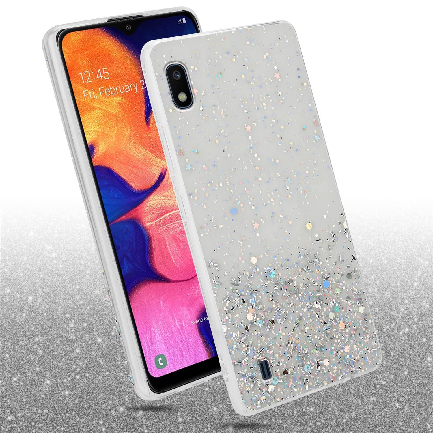 Cadorabo Hülle für Samsung Galaxy A10 / M10 Schutz Hülle in Transparent Handyhülle TPU Etui Glitter Cover Case Glitzer