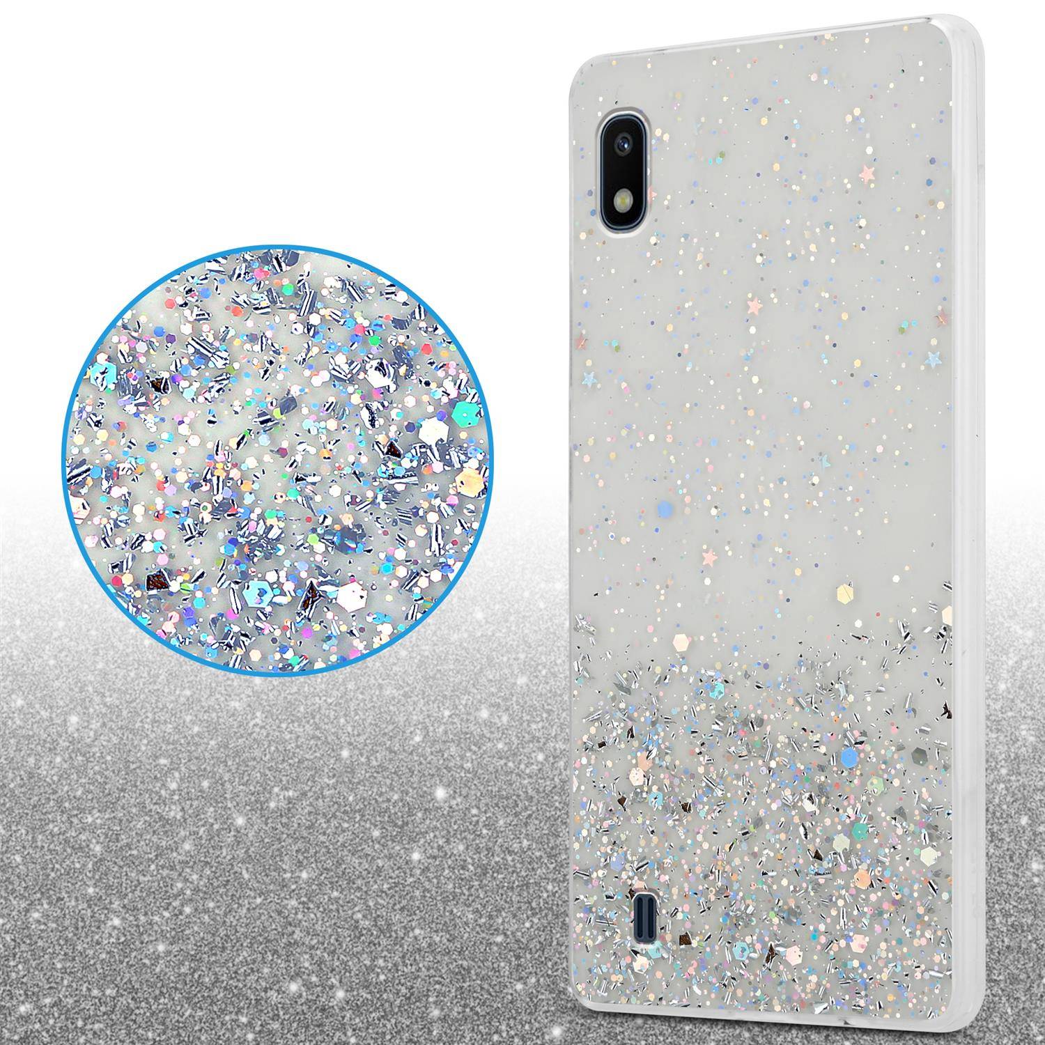 Cadorabo Hülle für Samsung Galaxy A10 / M10 Schutz Hülle in Transparent Handyhülle TPU Etui Glitter Cover Case Glitzer
