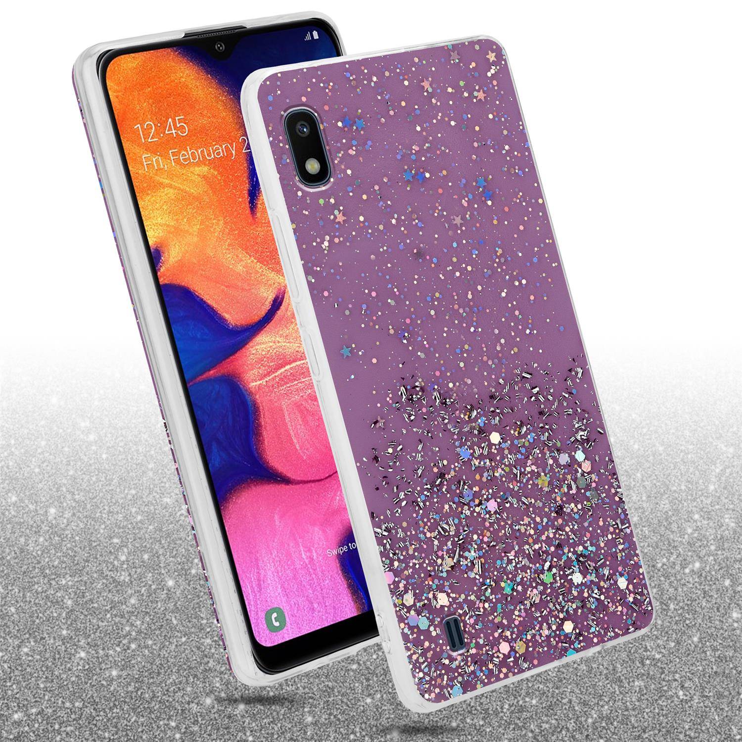 Cadorabo Hülle für Samsung Galaxy A10 / M10 Schutz Hülle in Lila Handyhülle TPU Etui Glitter Cover Case Glitzer