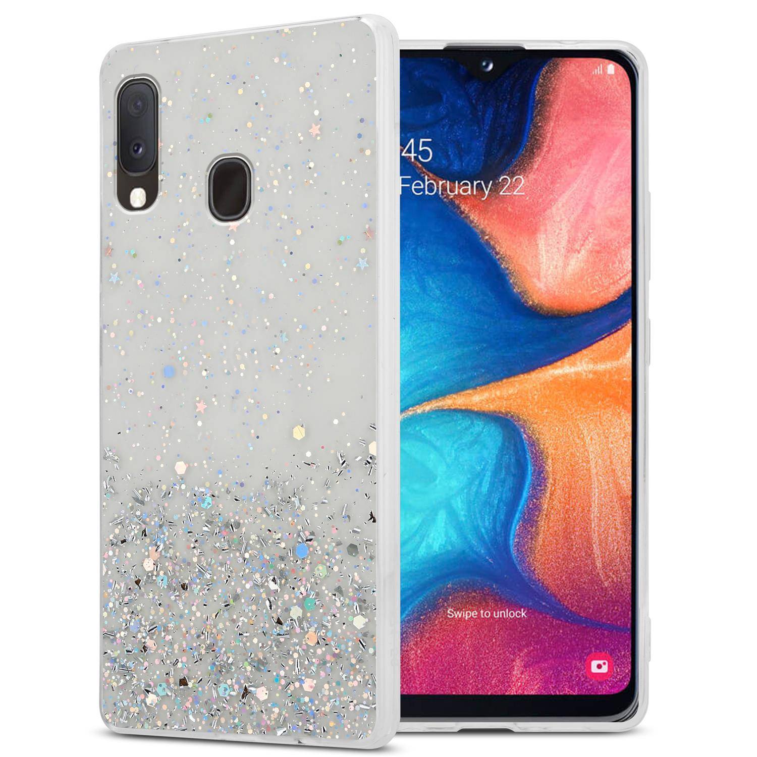 Cadorabo Hülle für Samsung Galaxy A10e / A20e Schutz Hülle in Transparent Handyhülle TPU Etui Glitter Cover Case Glitzer
