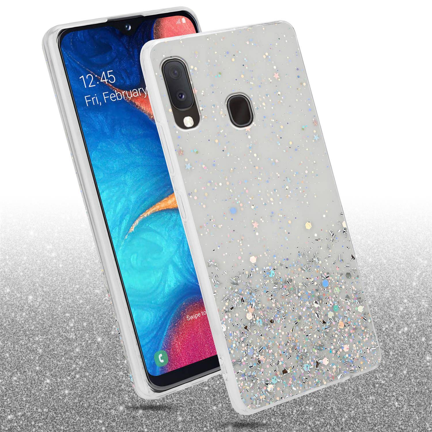 Cadorabo Hülle für Samsung Galaxy A10e / A20e Schutz Hülle in Transparent Handyhülle TPU Etui Glitter Cover Case Glitzer