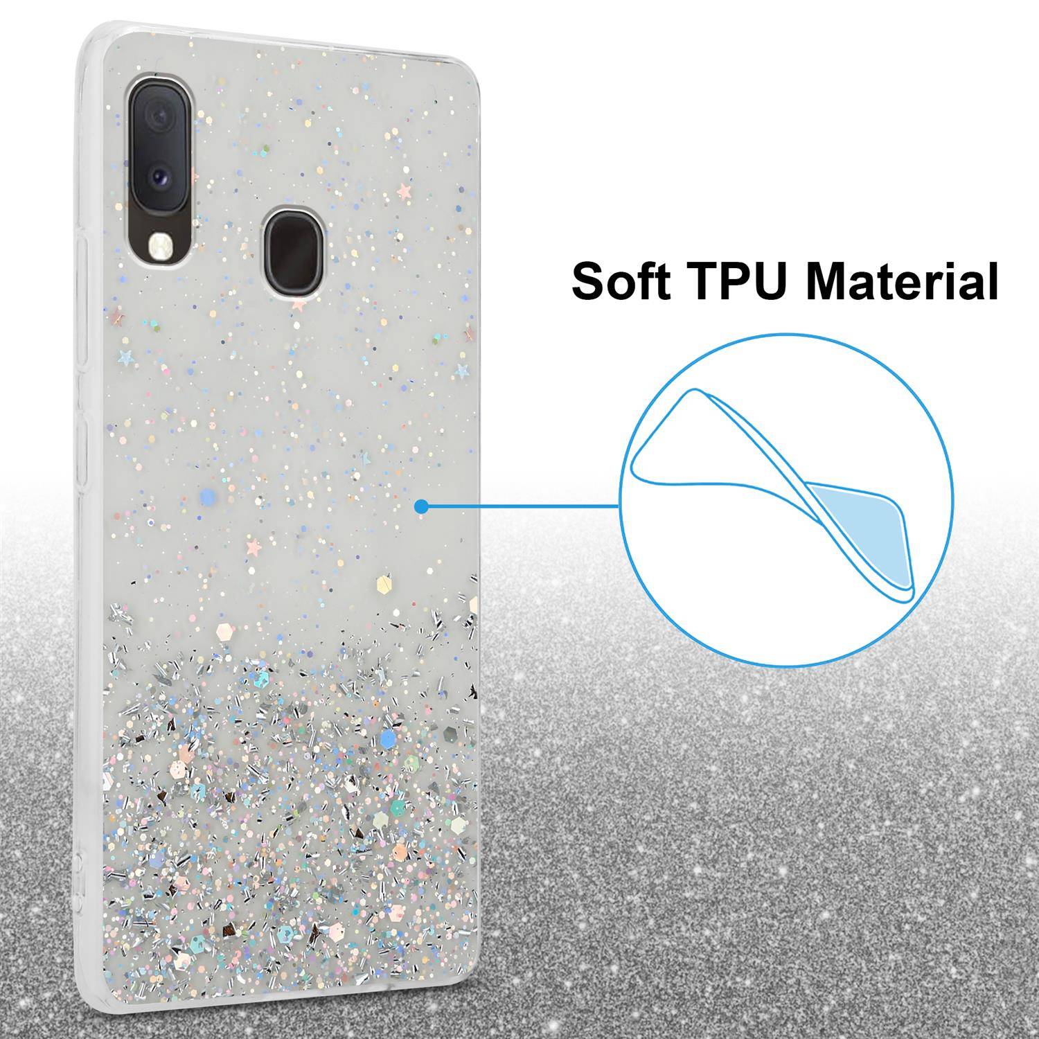 Cadorabo Hülle für Samsung Galaxy A10e / A20e Schutz Hülle in Transparent Handyhülle TPU Etui Glitter Cover Case Glitzer