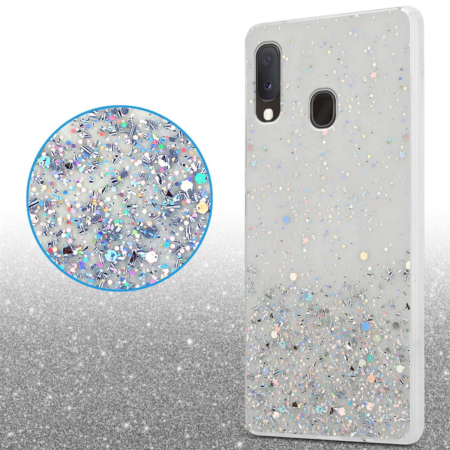 Cadorabo Hülle für Samsung Galaxy A10e / A20e Schutz Hülle in Transparent Handyhülle TPU Etui Glitter Cover Case Glitzer