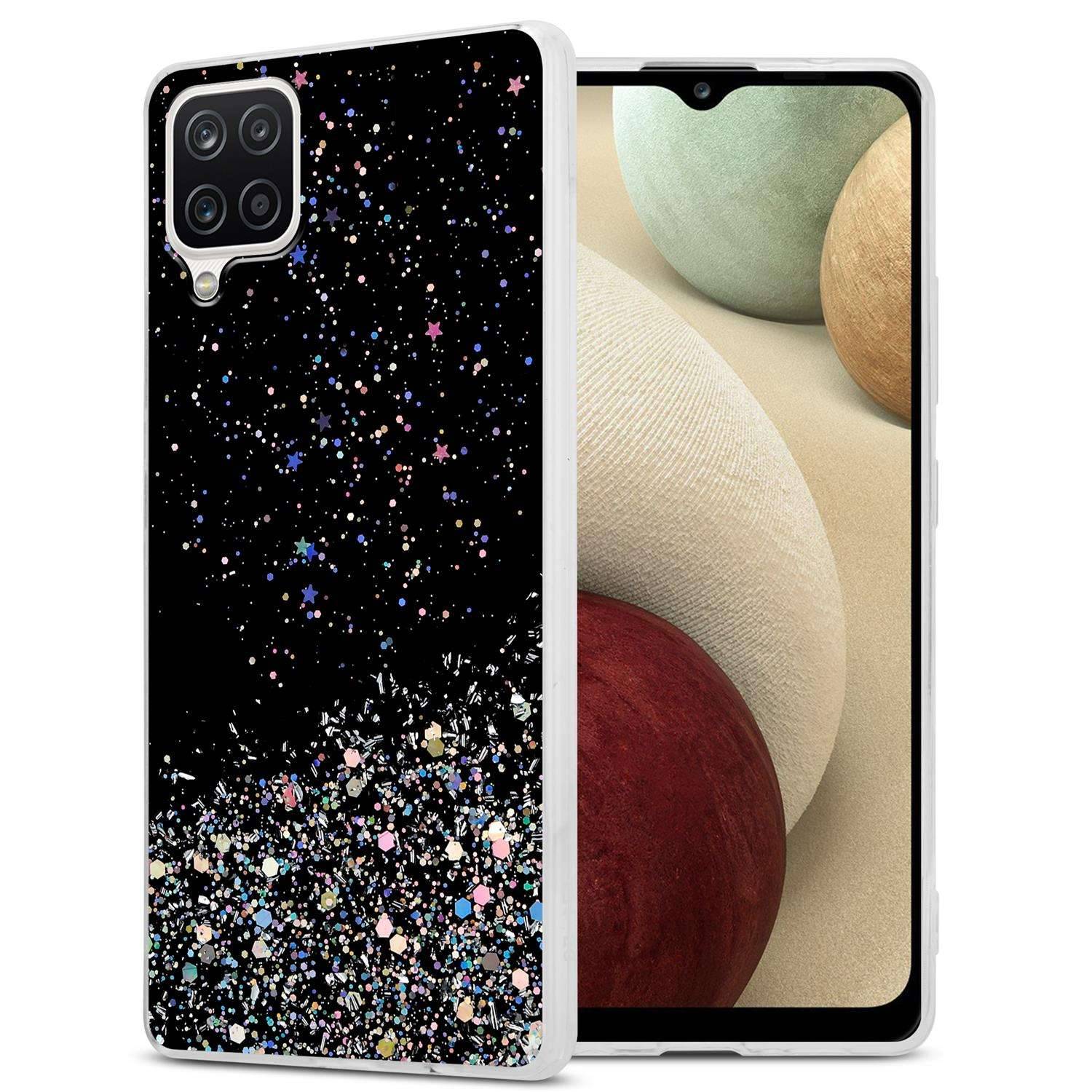 Cadorabo Hülle für Samsung Galaxy A12 / M12 Schutz Hülle in Schwarz Handyhülle TPU Etui Glitter Cover Case Glitzer
