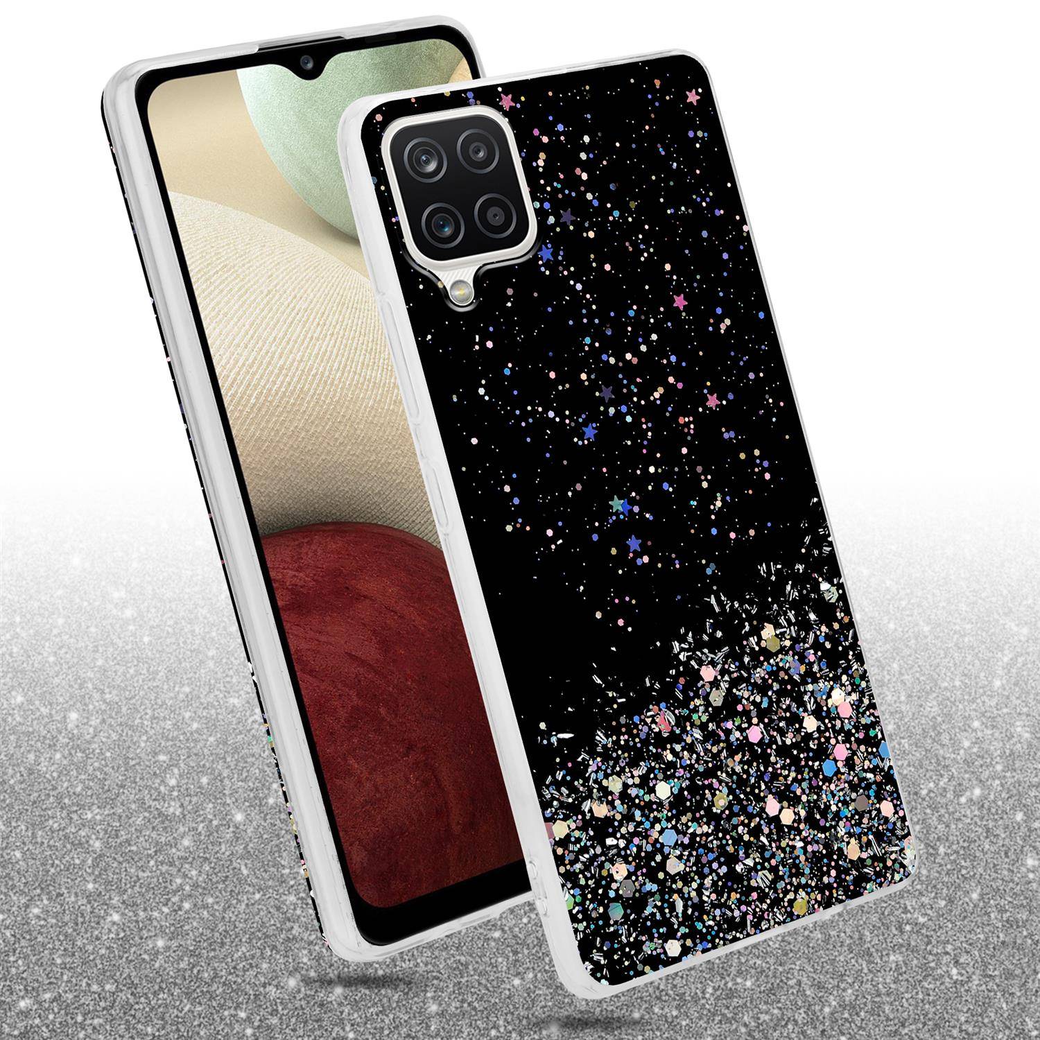 Cadorabo Hülle für Samsung Galaxy A12 / M12 Schutz Hülle in Schwarz Handyhülle TPU Etui Glitter Cover Case Glitzer