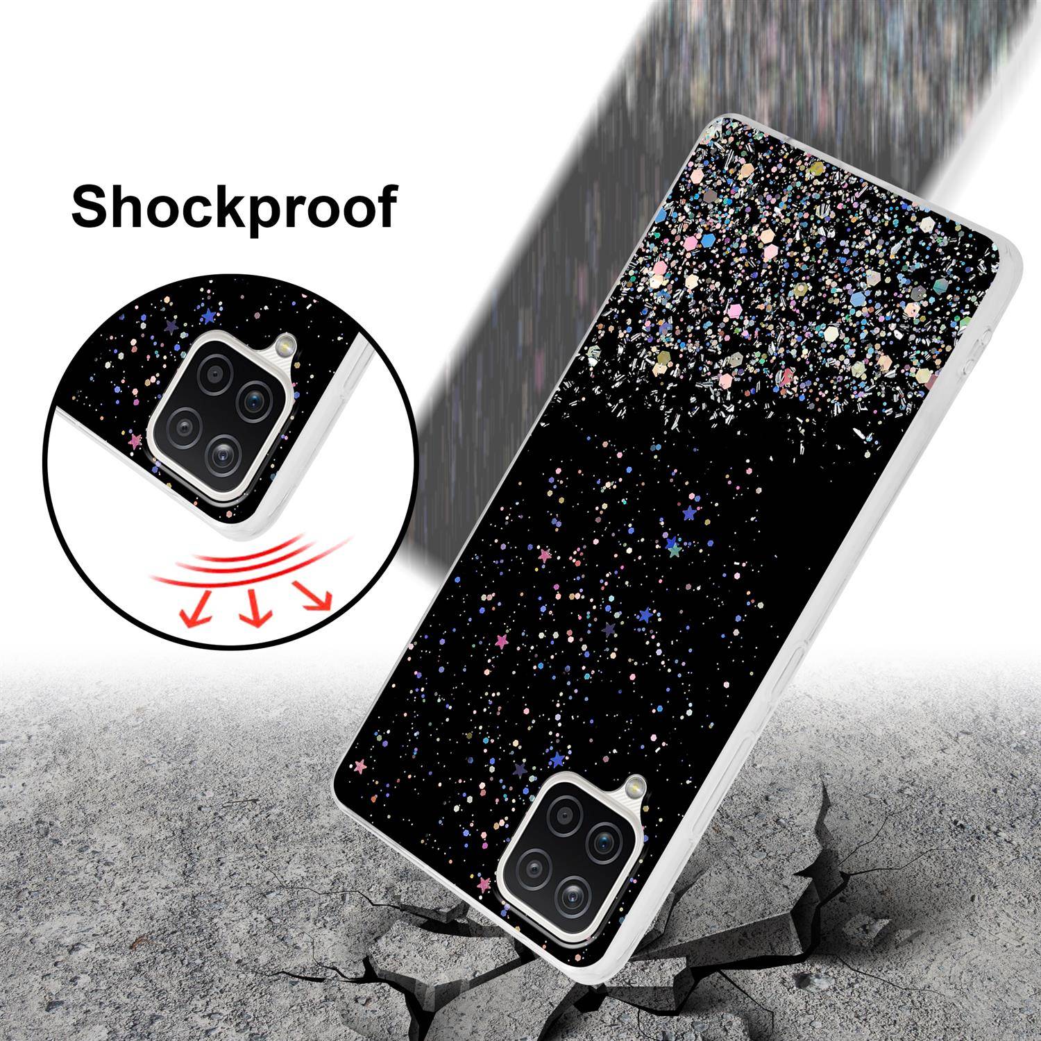 Cadorabo Hülle für Samsung Galaxy A12 / M12 Schutz Hülle in Schwarz Handyhülle TPU Etui Glitter Cover Case Glitzer