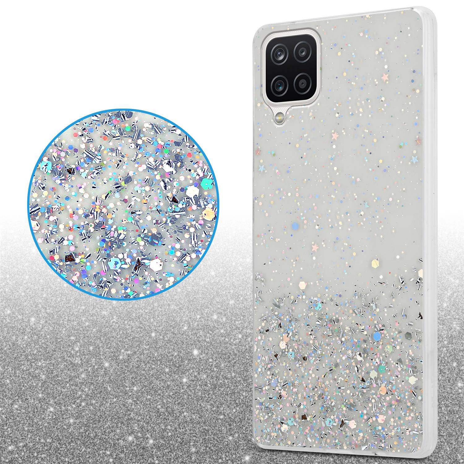 Cadorabo Hülle für Samsung Galaxy A12 / M12 Schutz Hülle in Transparent Handyhülle TPU Etui Glitter Cover Case Glitzer