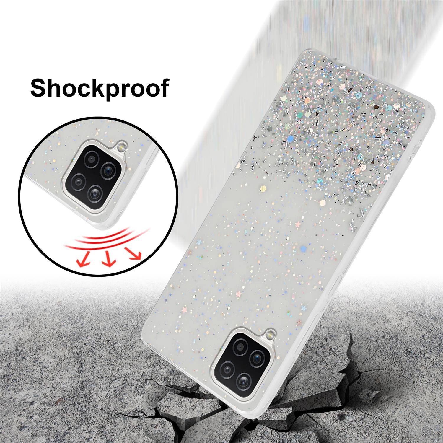 Cadorabo Hülle für Samsung Galaxy A12 / M12 Schutz Hülle in Transparent Handyhülle TPU Etui Glitter Cover Case Glitzer