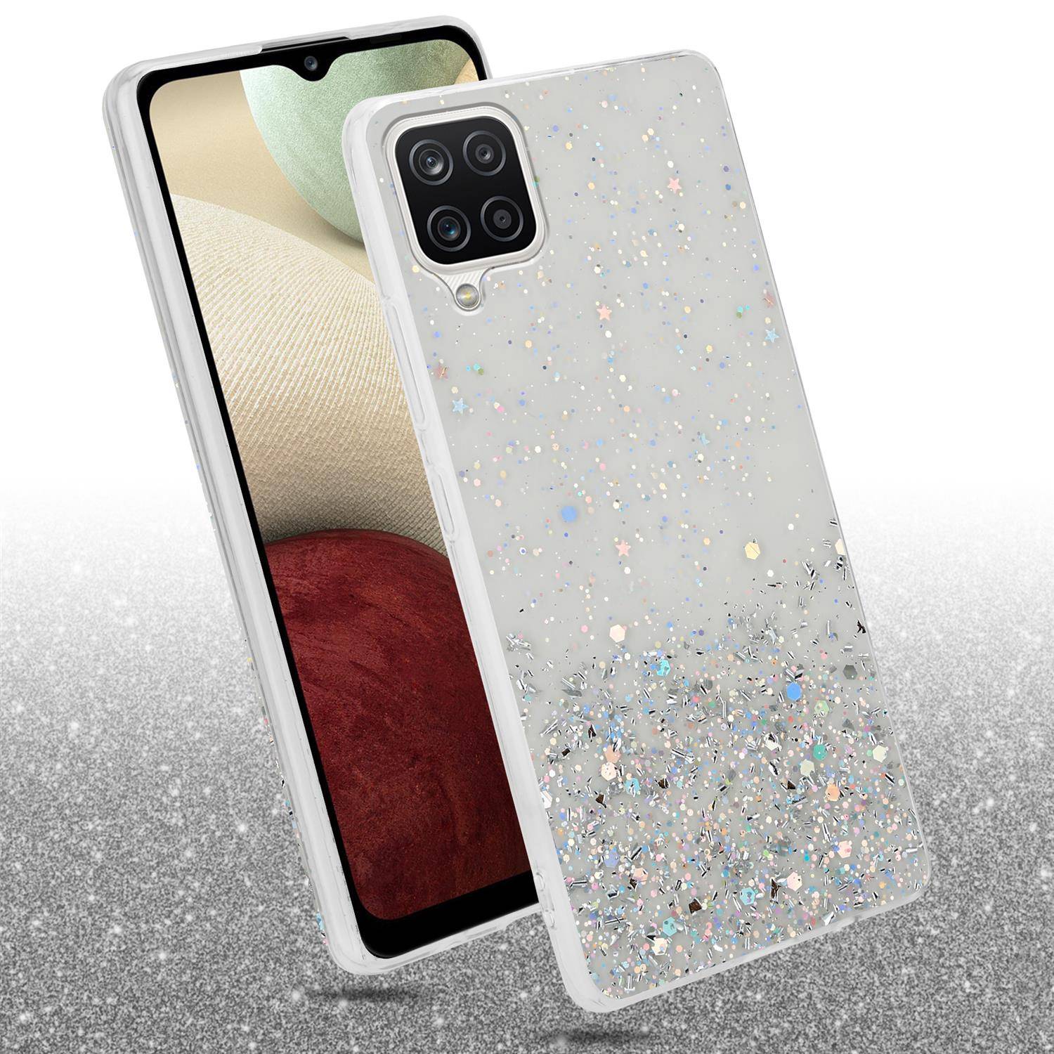 Cadorabo Hülle für Samsung Galaxy A12 / M12 Schutz Hülle in Transparent Handyhülle TPU Etui Glitter Cover Case Glitzer