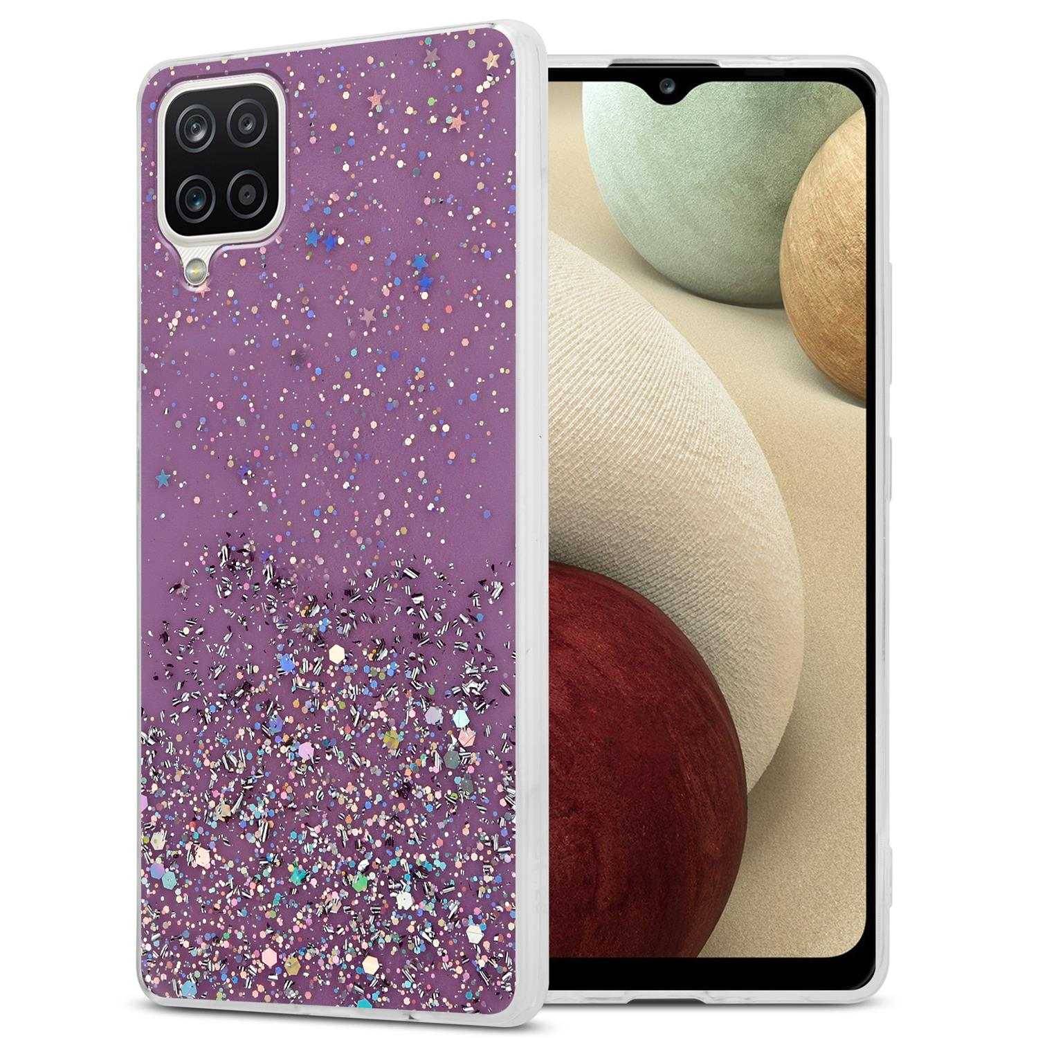 Cadorabo Hülle für Samsung Galaxy A12 / M12 Schutz Hülle in Lila Handyhülle TPU Etui Glitter Cover Case Glitzer