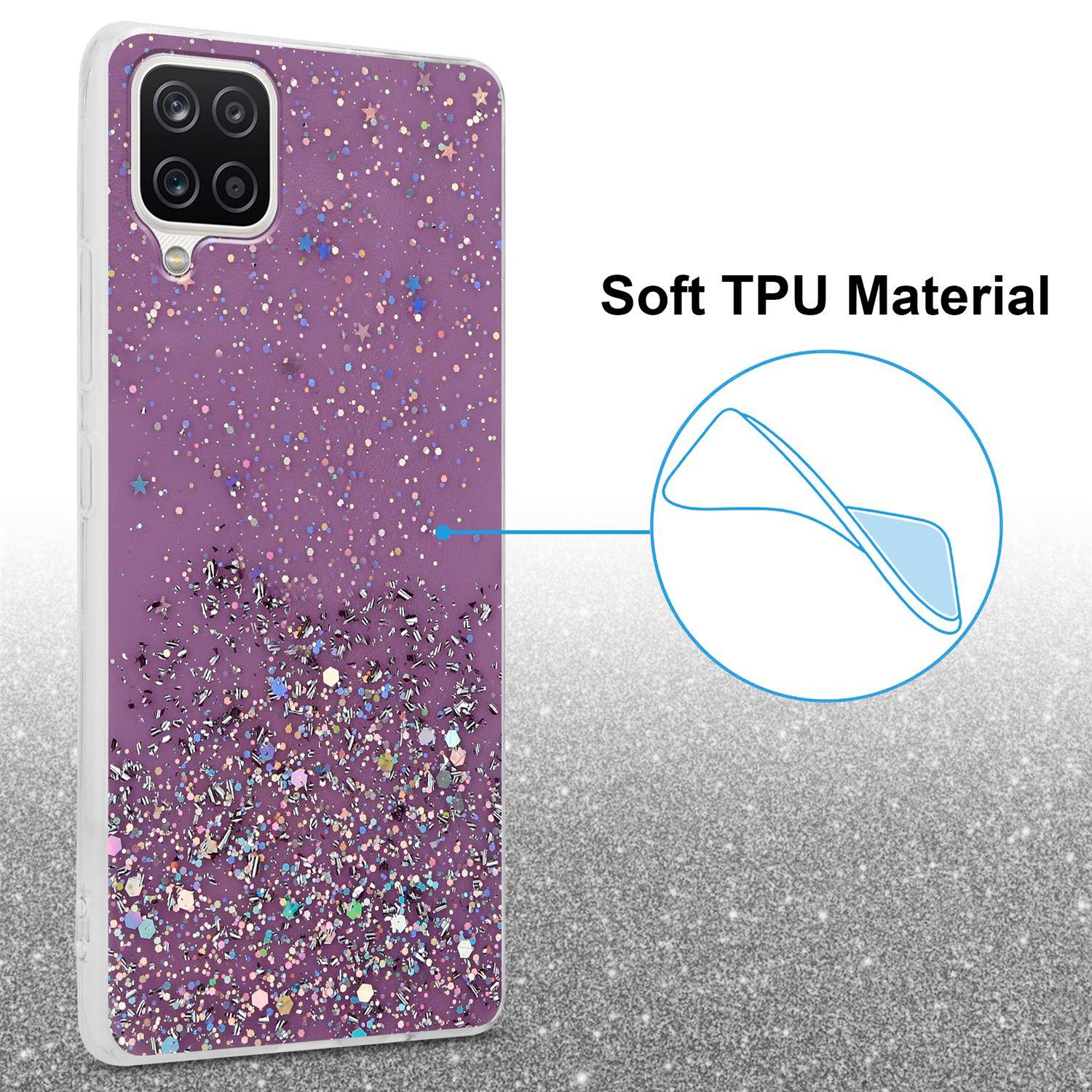 Cadorabo Hülle für Samsung Galaxy A12 / M12 Schutz Hülle in Lila Handyhülle TPU Etui Glitter Cover Case Glitzer