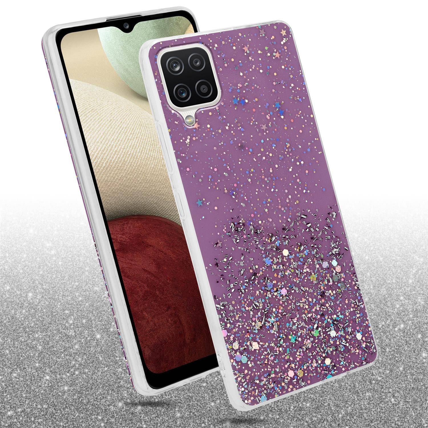 Cadorabo Hülle für Samsung Galaxy A12 / M12 Schutz Hülle in Lila Handyhülle TPU Etui Glitter Cover Case Glitzer