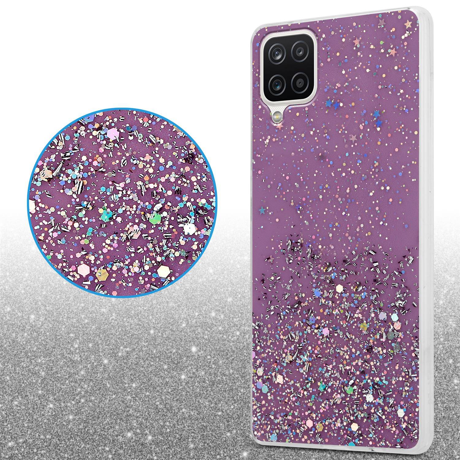 Cadorabo Hülle für Samsung Galaxy A12 / M12 Schutz Hülle in Lila Handyhülle TPU Etui Glitter Cover Case Glitzer