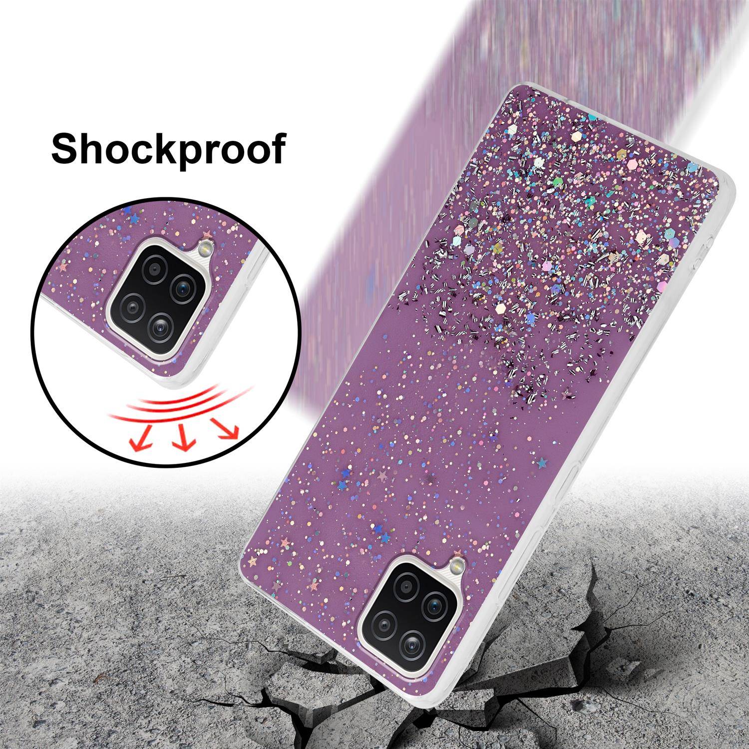 Cadorabo Hülle für Samsung Galaxy A12 / M12 Schutz Hülle in Lila Handyhülle TPU Etui Glitter Cover Case Glitzer