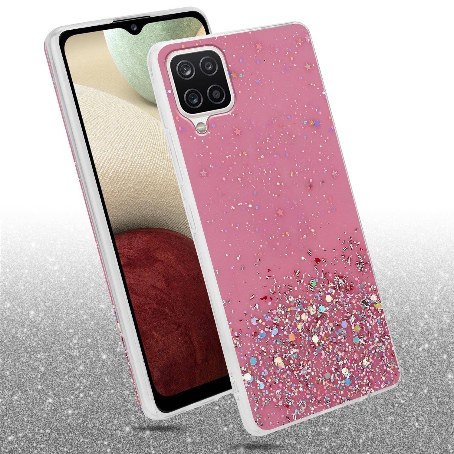 Cadorabo Hülle für Samsung Galaxy A12 / M12 Schutz Hülle in Rosa Handyhülle TPU Etui Glitter Cover Case Glitzer