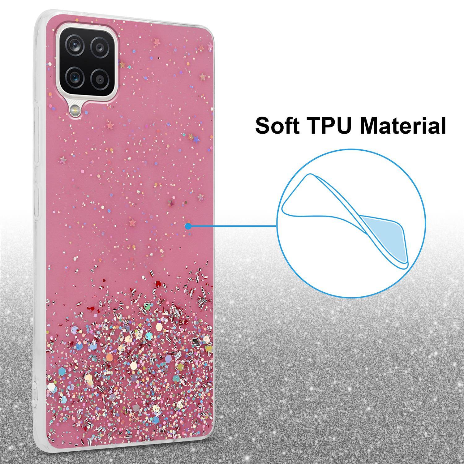 Cadorabo Hülle für Samsung Galaxy A12 / M12 Schutz Hülle in Rosa Handyhülle TPU Etui Glitter Cover Case Glitzer