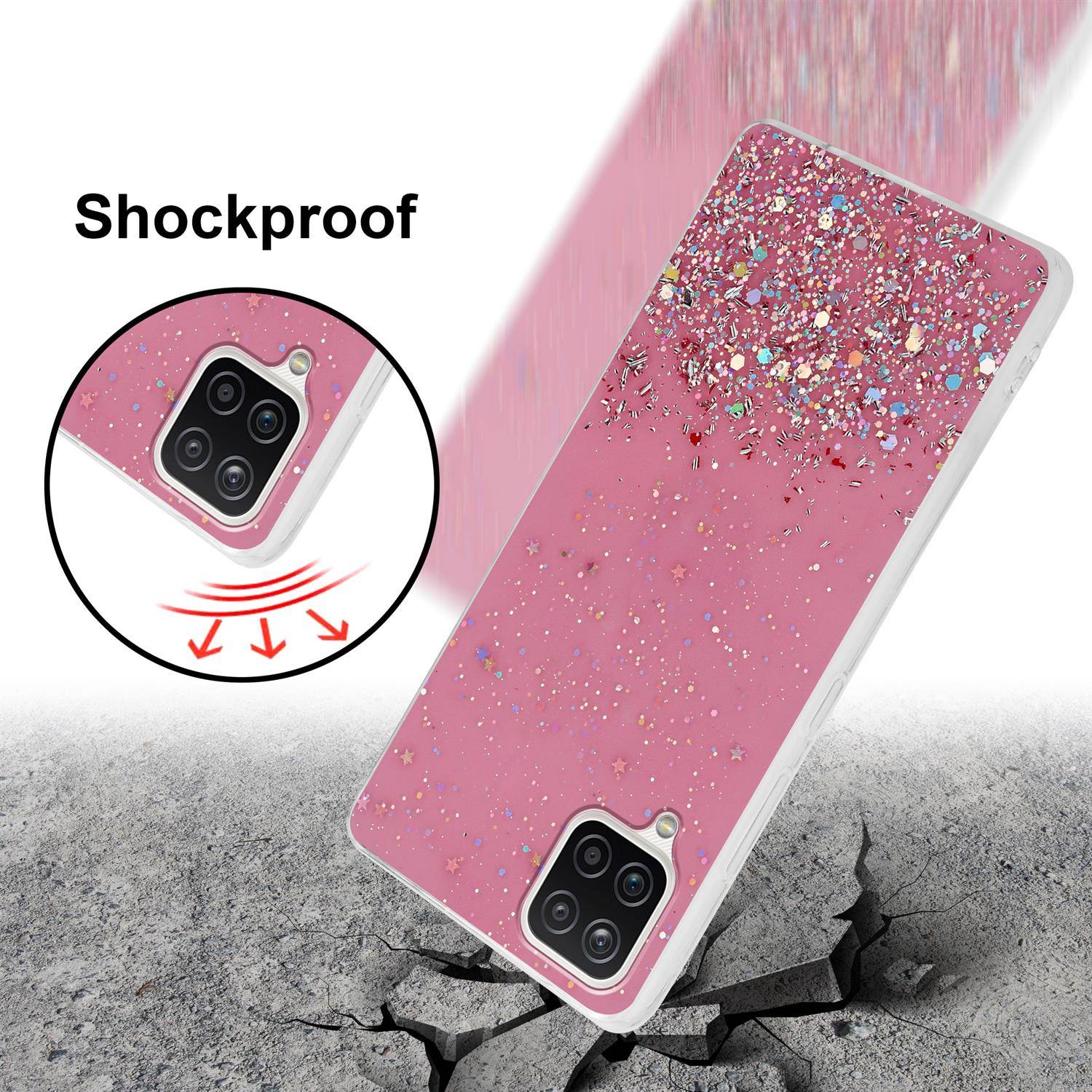 Cadorabo Hülle für Samsung Galaxy A12 / M12 Schutz Hülle in Rosa Handyhülle TPU Etui Glitter Cover Case Glitzer