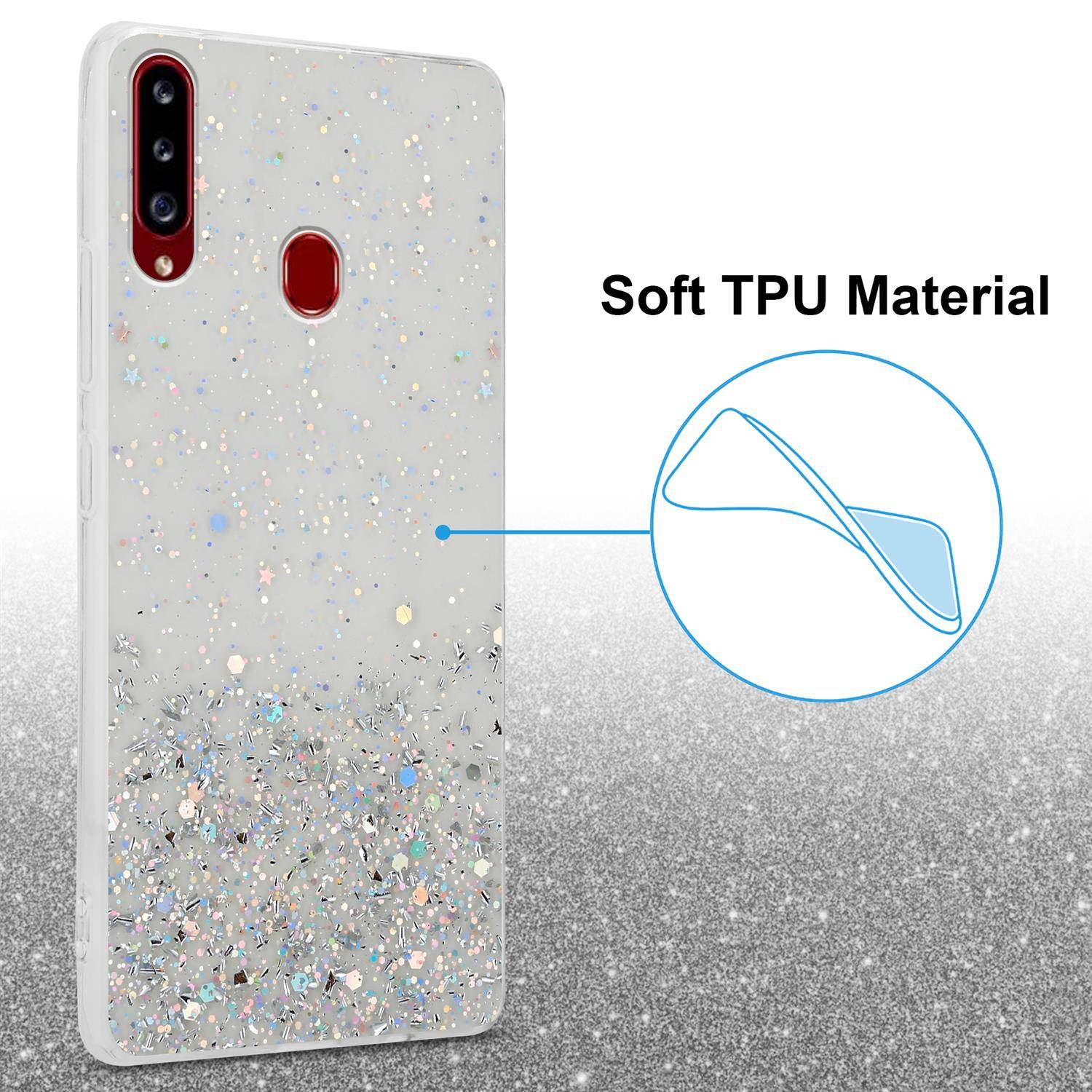 Cadorabo Hülle für Samsung Galaxy A20s Schutz Hülle in Transparent Handyhülle TPU Etui Glitter Cover Case Glitzer