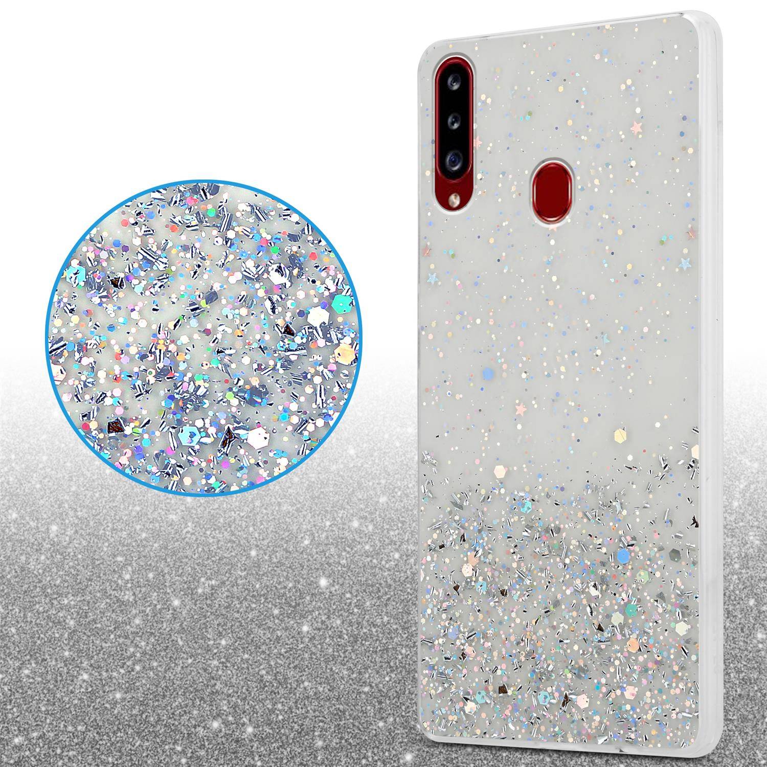 Cadorabo Hülle für Samsung Galaxy A20s Schutz Hülle in Transparent Handyhülle TPU Etui Glitter Cover Case Glitzer