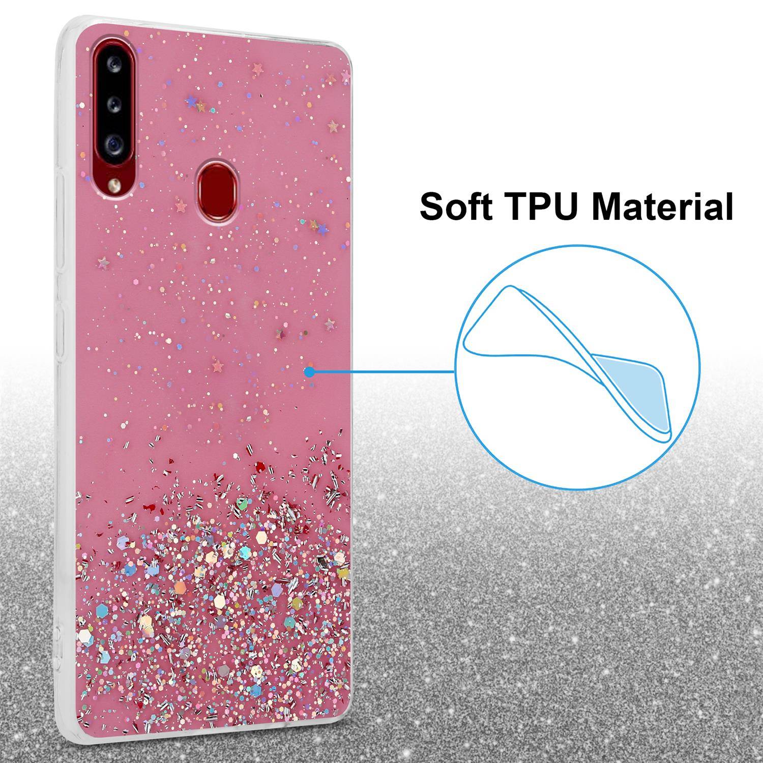 Cadorabo Hülle für Samsung Galaxy A20s Schutz Hülle in Rosa Handyhülle TPU Etui Glitter Cover Case Glitzer