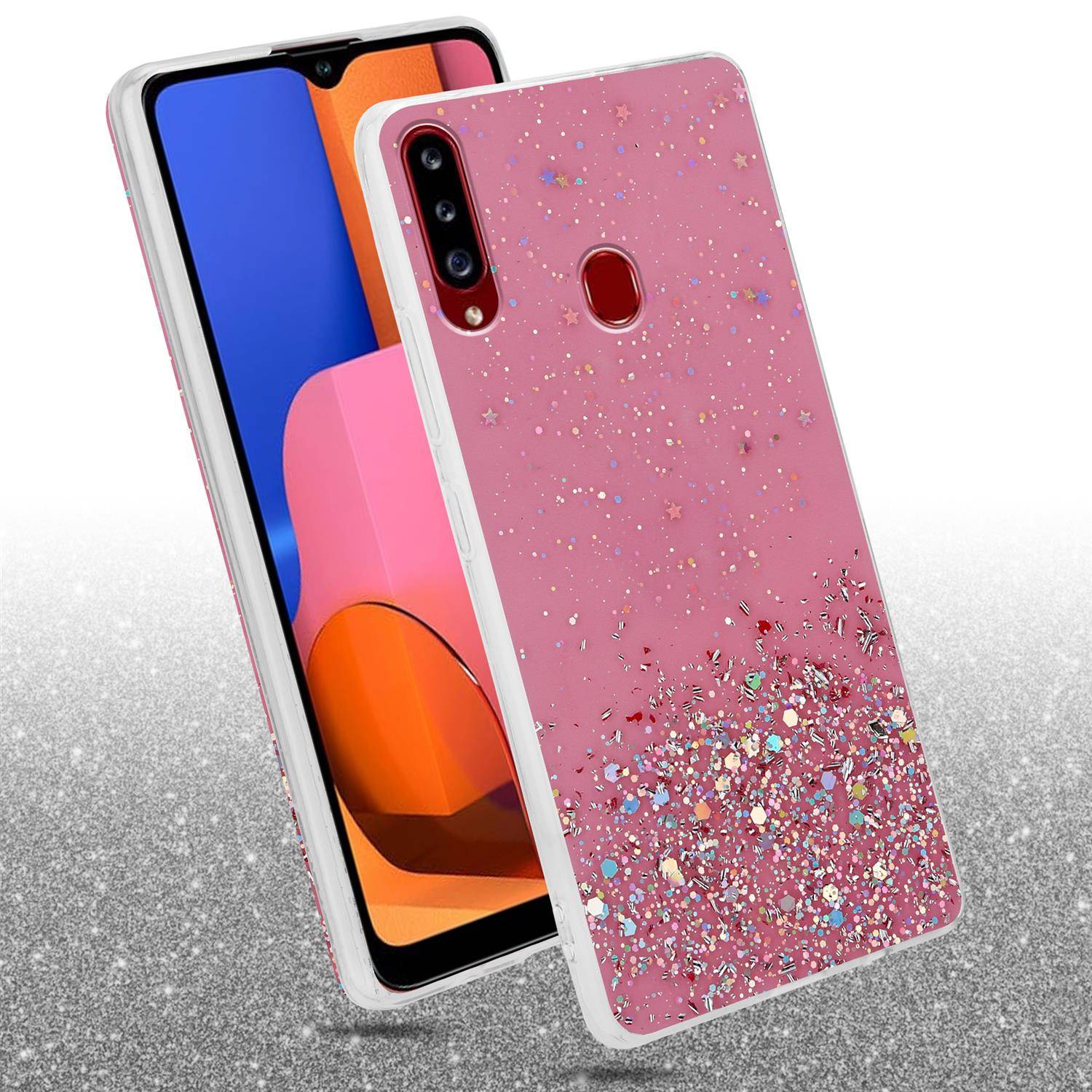 Cadorabo Hülle für Samsung Galaxy A20s Schutz Hülle in Rosa Handyhülle TPU Etui Glitter Cover Case Glitzer