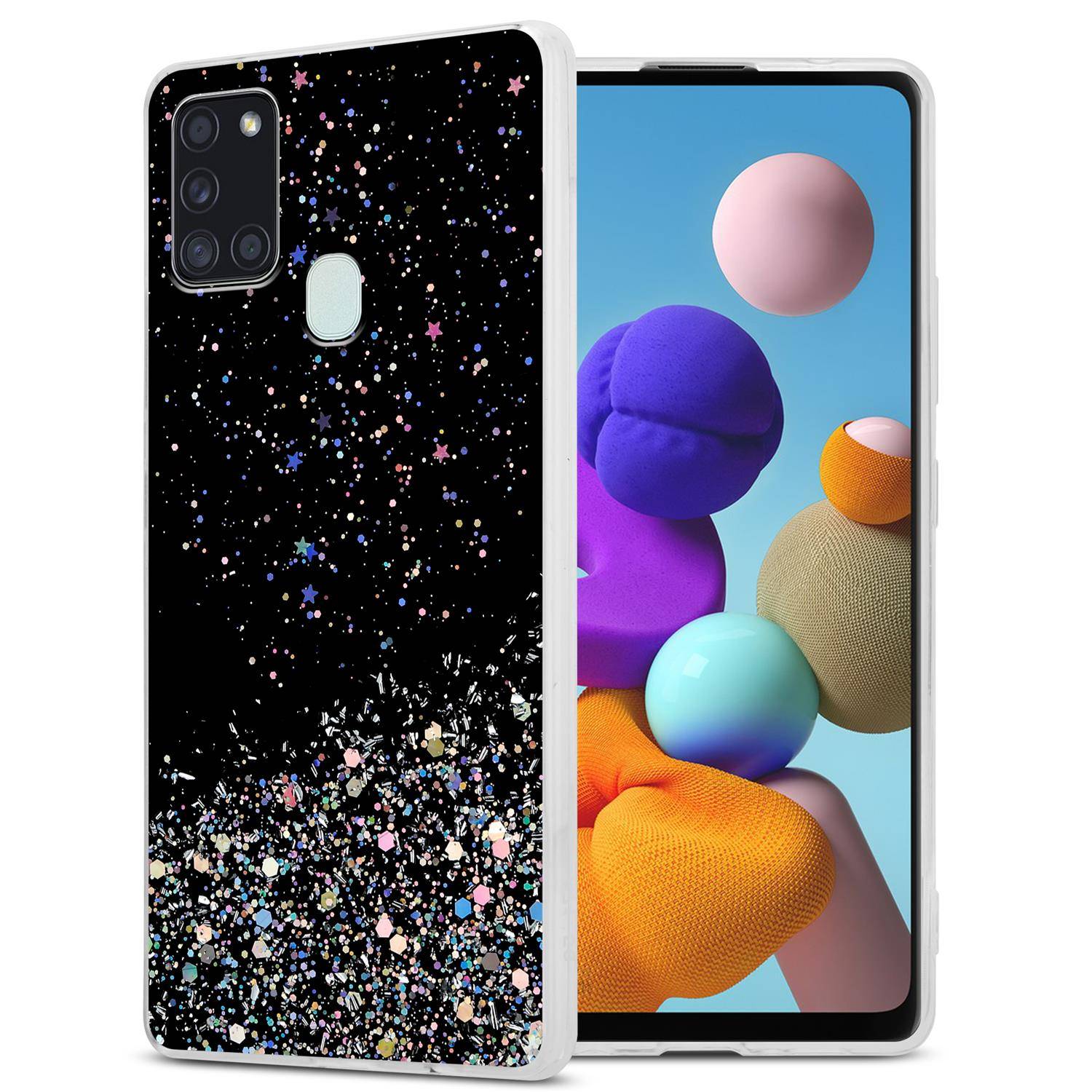 Cadorabo Hülle für Samsung Galaxy A21s Schutz Hülle in Schwarz Handyhülle TPU Etui Glitter Cover Case Glitzer